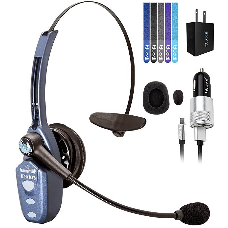 VXI BlueParrott B250-XTS Bluetooth Headset with 91% Noise Cancellation Bundle with  Micro USB Car Charger, USB Wall Adapter, and 5-Pack of Reusable Cable Ties