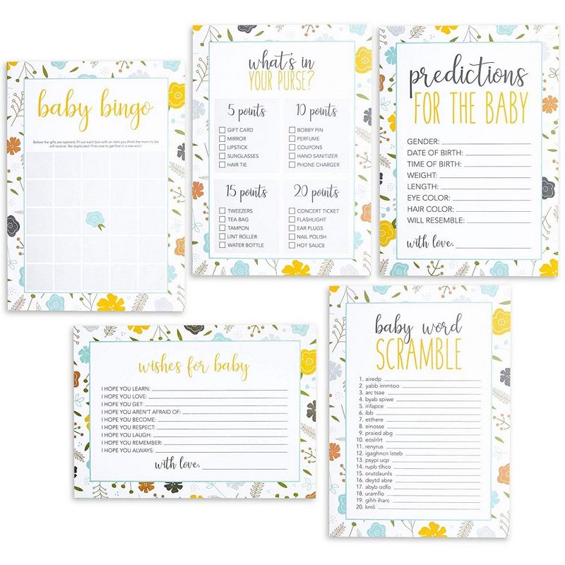5-Set Baby Shower Game Cards, Party Activity Supplies Including Bingo, Word Scramble, Prediction and Well Wishes, Floral Design, 50 Guests