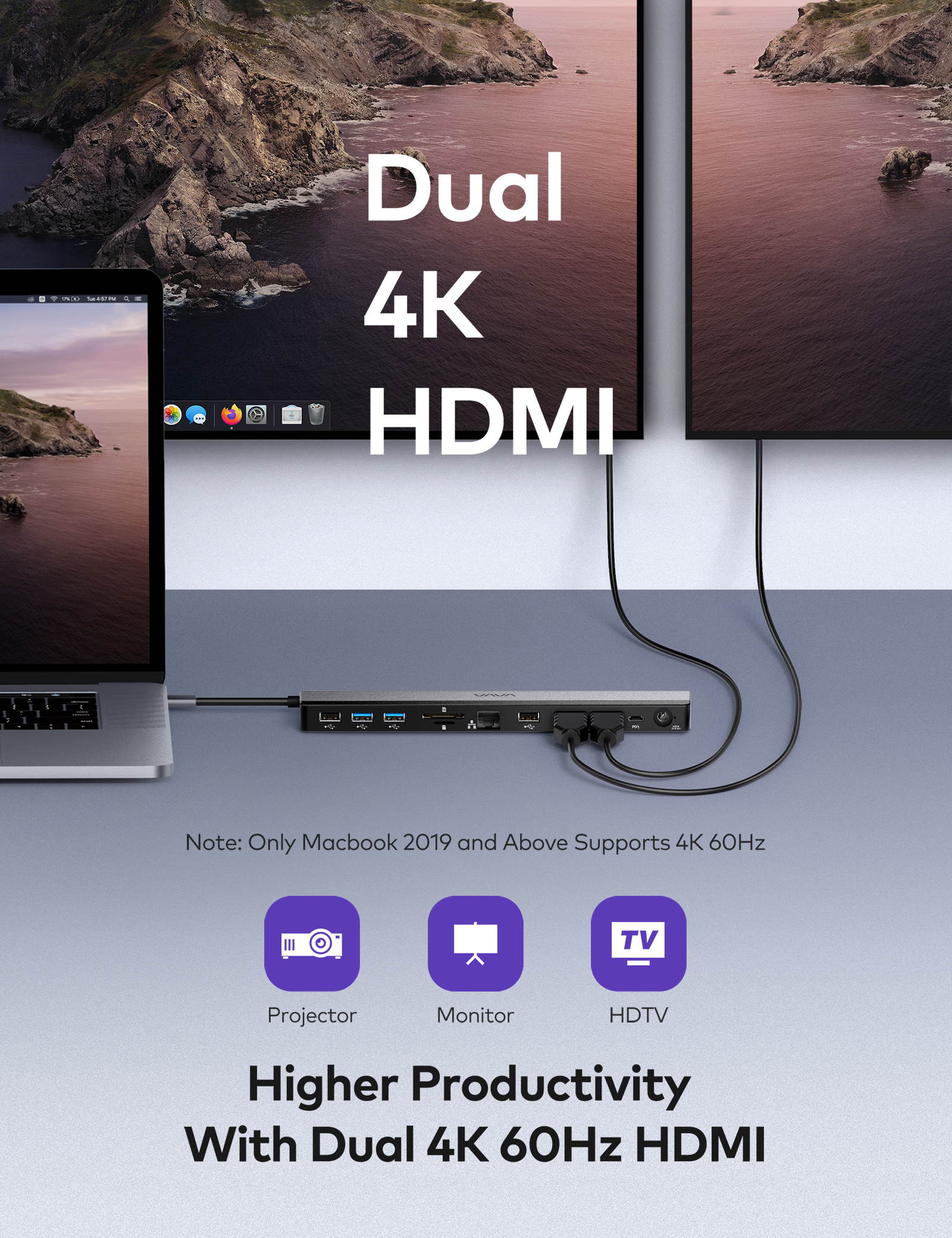 VAVA USB C Docking Station, 12-in-1 Type C Hub with Dual 4K HDMI, RJ45 Ethernet, 4 USB Ports, SD/TF Card Reader, PD USB-C Charging Port, Audio/Mic for MacBook / Pro / Air, Type C Windows Laptops