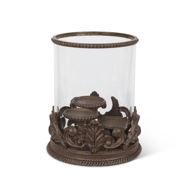 GG Collection Metal Acanthus Triple Candle Holder with Glass Hurricane