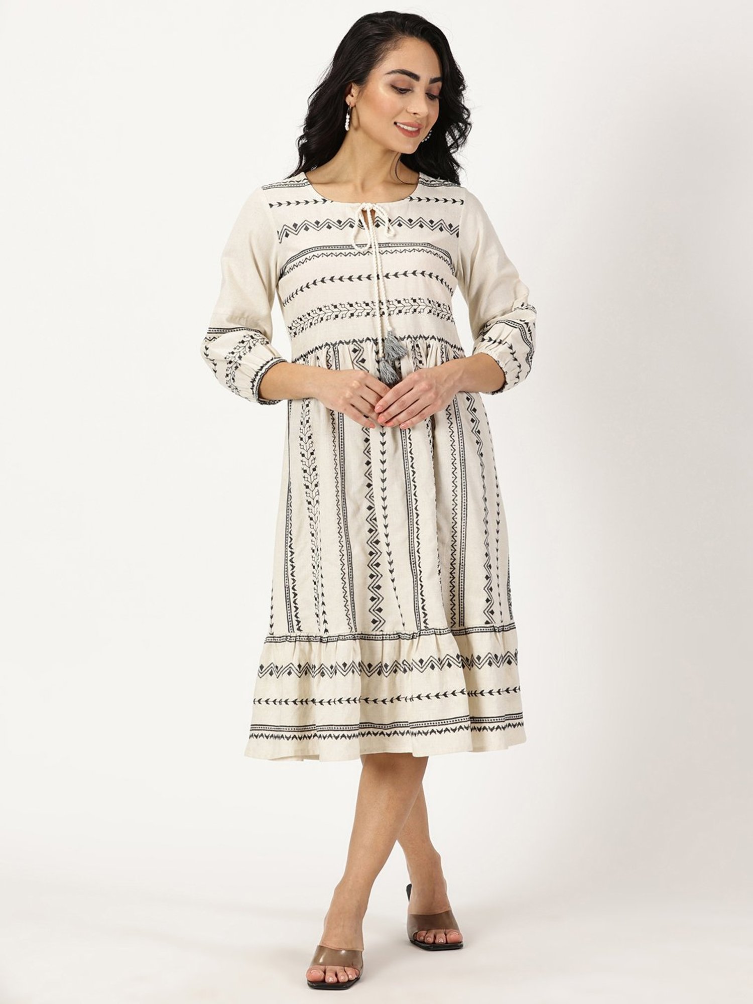 Saffron Threads Off White Cotton Embroidered Ethnic Dress