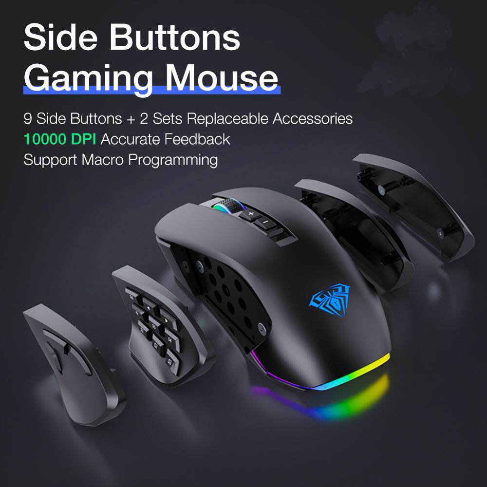 Wired RGB Gaming Mouse with 14-Programmable-Buttons, 4 Interchangeable Side Plate, 10000 DPI Optical Sensor Ergonomic Mouse for Laptop/PC Gamer