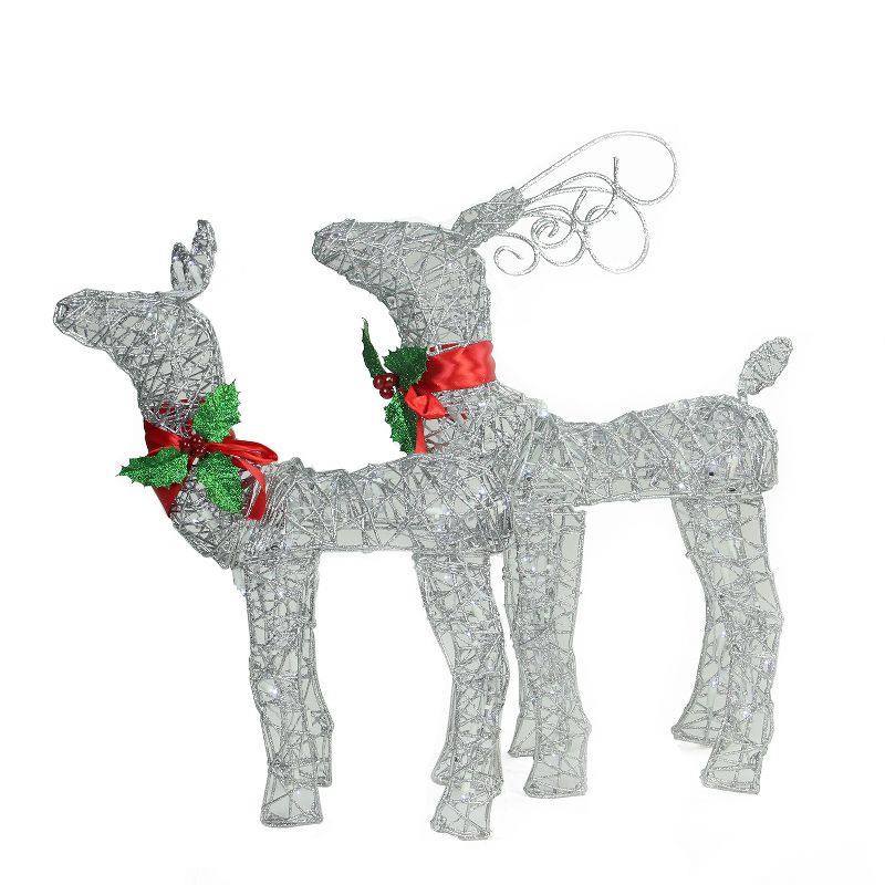 Brite Star Set of 2 LED Lighted Silver and Red Glitter Buck and Doe Reindeer Christmas Outdoor Decorations