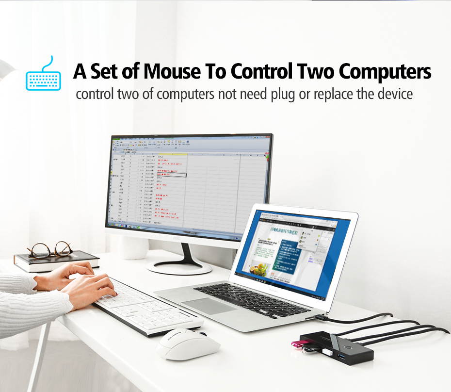 USB Switch Selector, 2 Computers 4-Port USB2.0 Peripheral Sharing Switch Hub Adapter for Keyboard, Mouse, U-disk, Printer, KVM One-Second Switcher USB2.0, Compatible with Mac / Windows / Linux