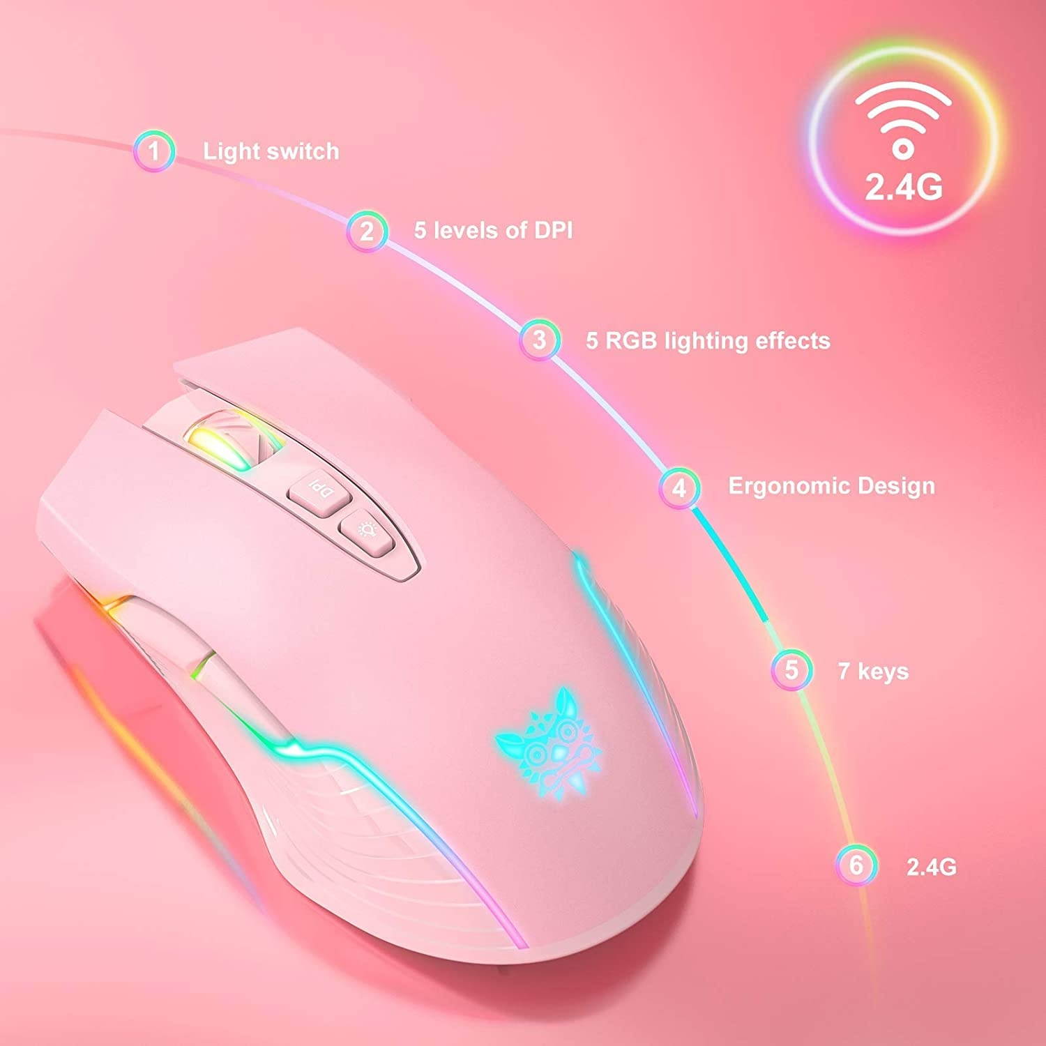 ONIKUMA RGB Wireless Gaming Mouse Rechargeable Computer Mice with RGB Backlit 5 Adjustable DPI Up to 3600 Ergonomic Laptop PC Mouse with 7 Buttons (Not Programmable) for Windows Vista Linux Pink