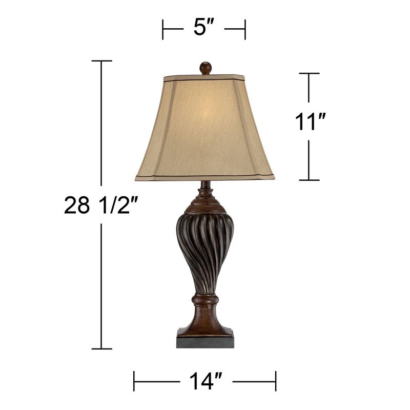 Regency Hill Traditional Table Lamp Carved Two Tone Brown Urn Shaped Beige Fabric Shade for Living Room Family Bedroom Bedside