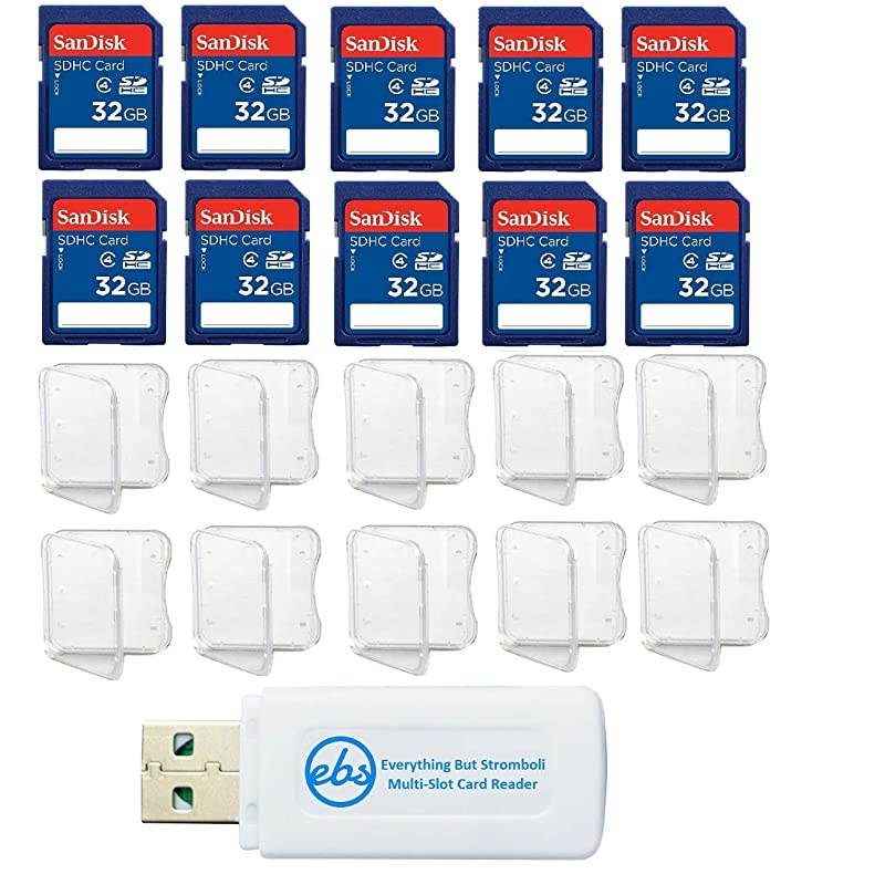 32GB SDHC Class 4 10 Pack Bundle Flash Memory Card SDSDB032GB35 Retail with 10 SD Plastic Jewel Cases and 1 Everything But Stromboli tm Combo SDTF Card Reader