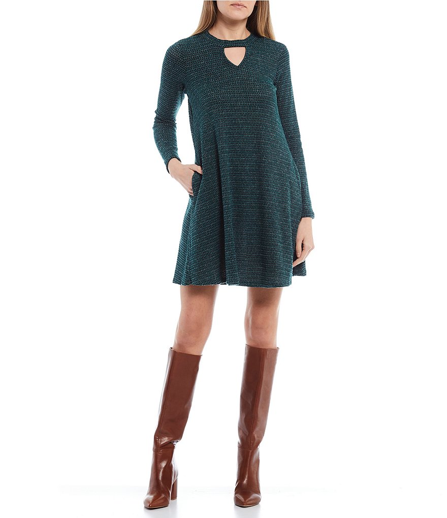 I.N. San Francisco Keyhole Neckline Fuzz Tweed Swing Dress