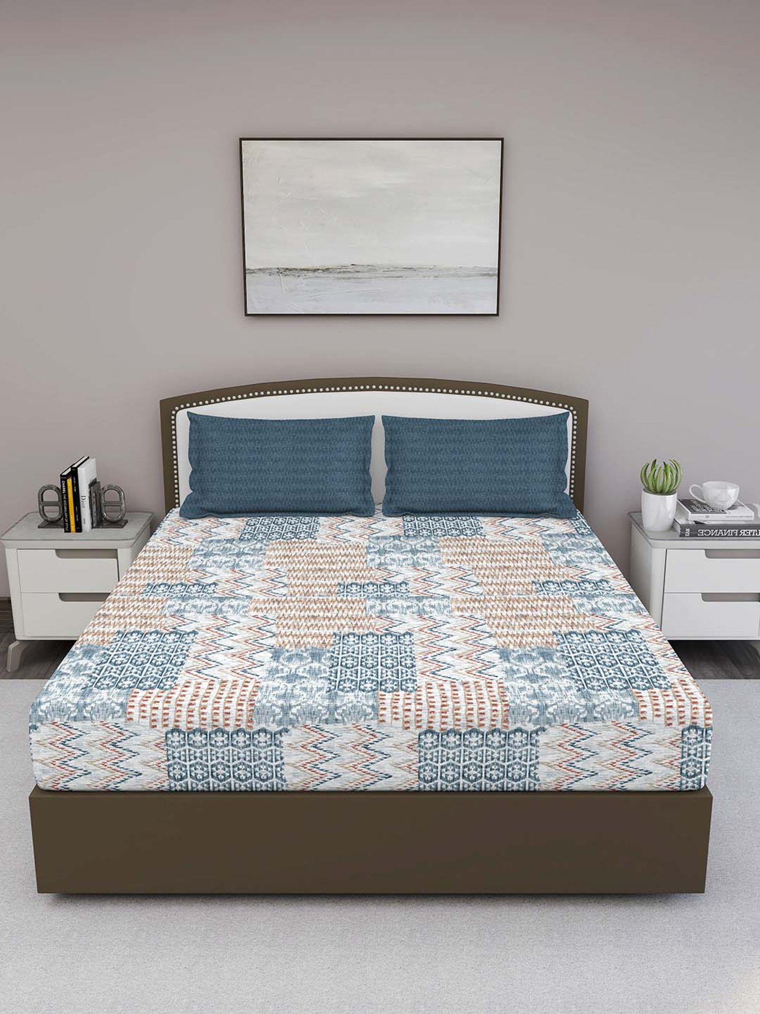 GM Blue & Orange 100% Cotton 180 TC Queen Bedsheet Set