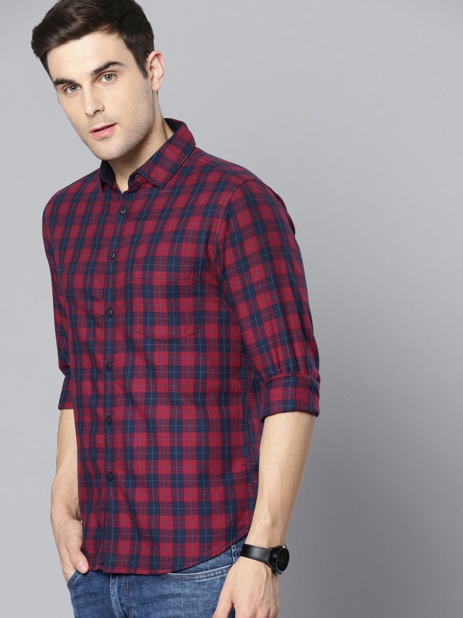 Dennis Lingo Red & Navy Cotton Slim Fit Checks Shirt