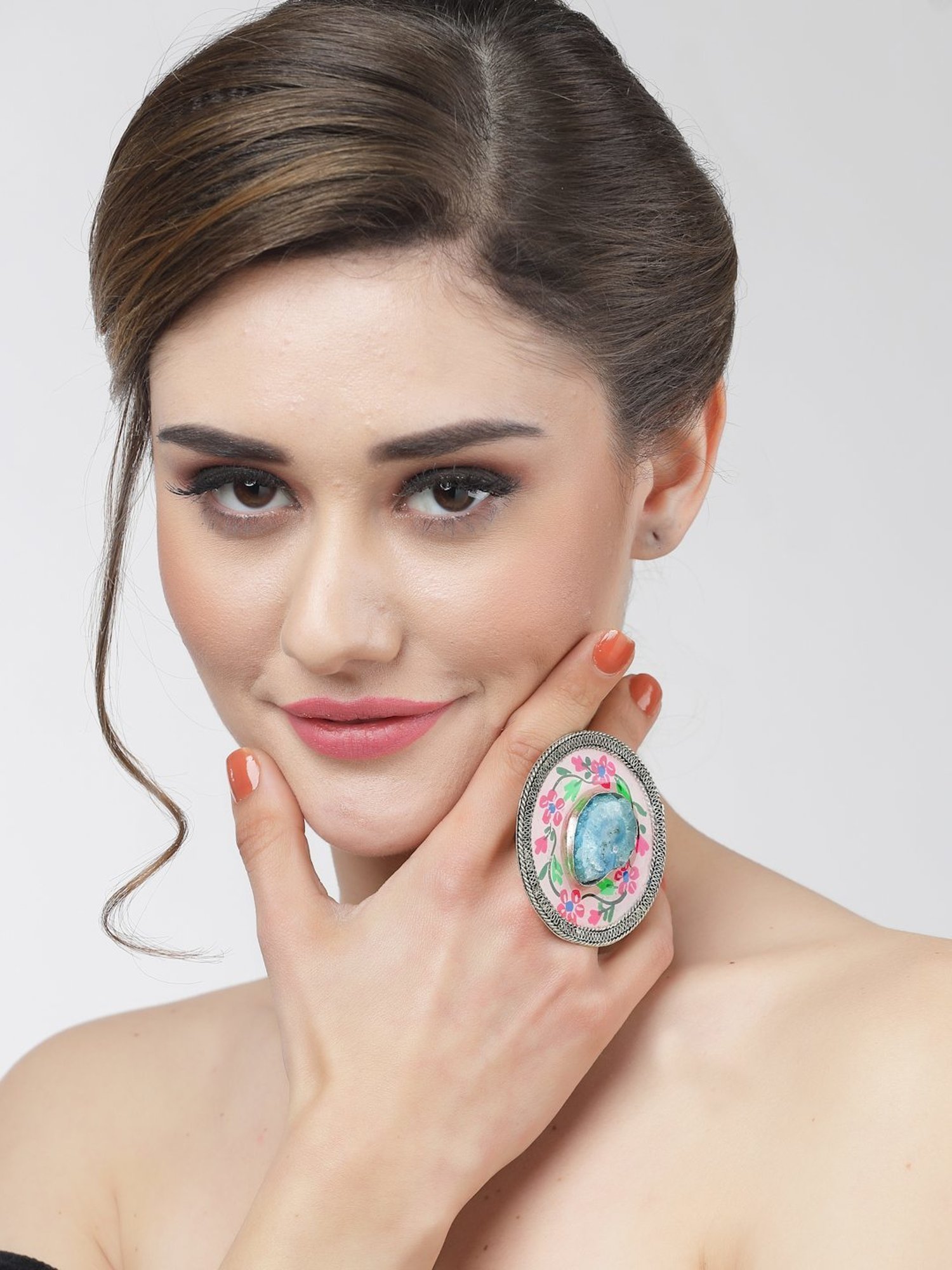 Moedbuille Agate Studded Handpainted Meenakari Floral Design Oxidised Silver Plated Finger Ring