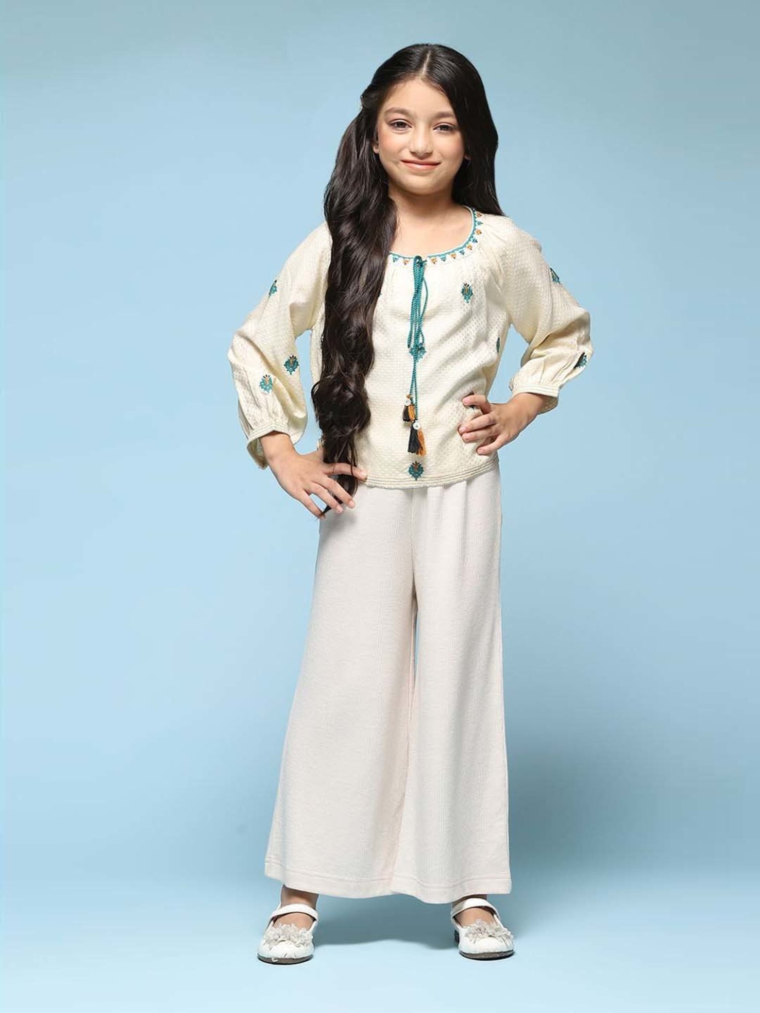 BIBA Girls Kids White Cotton Regular Fit Palazzo