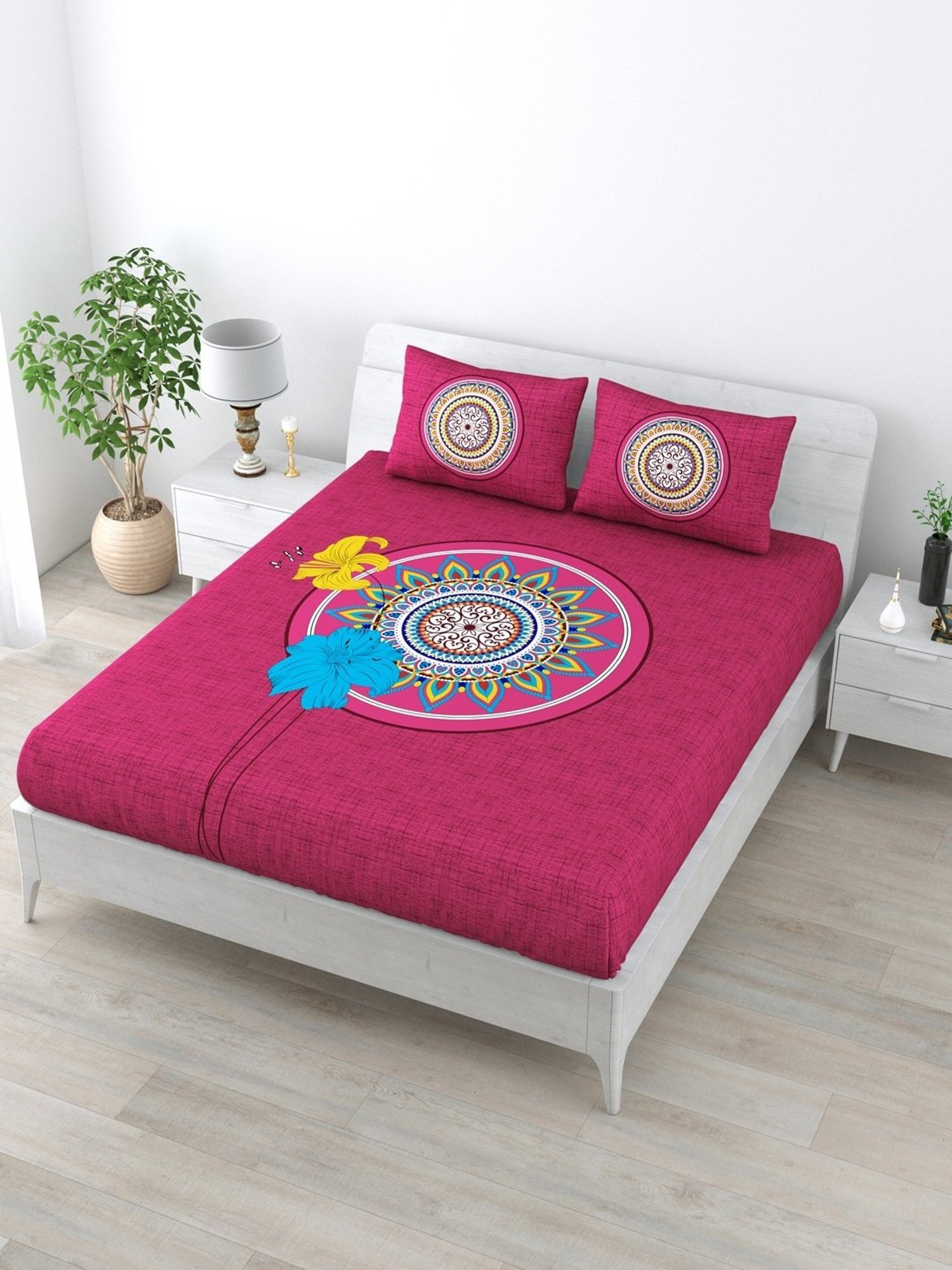 Living Roots Jaipuri Pink 210 TC Cotton Queen Bed Sheet with 2 Pillow Covers