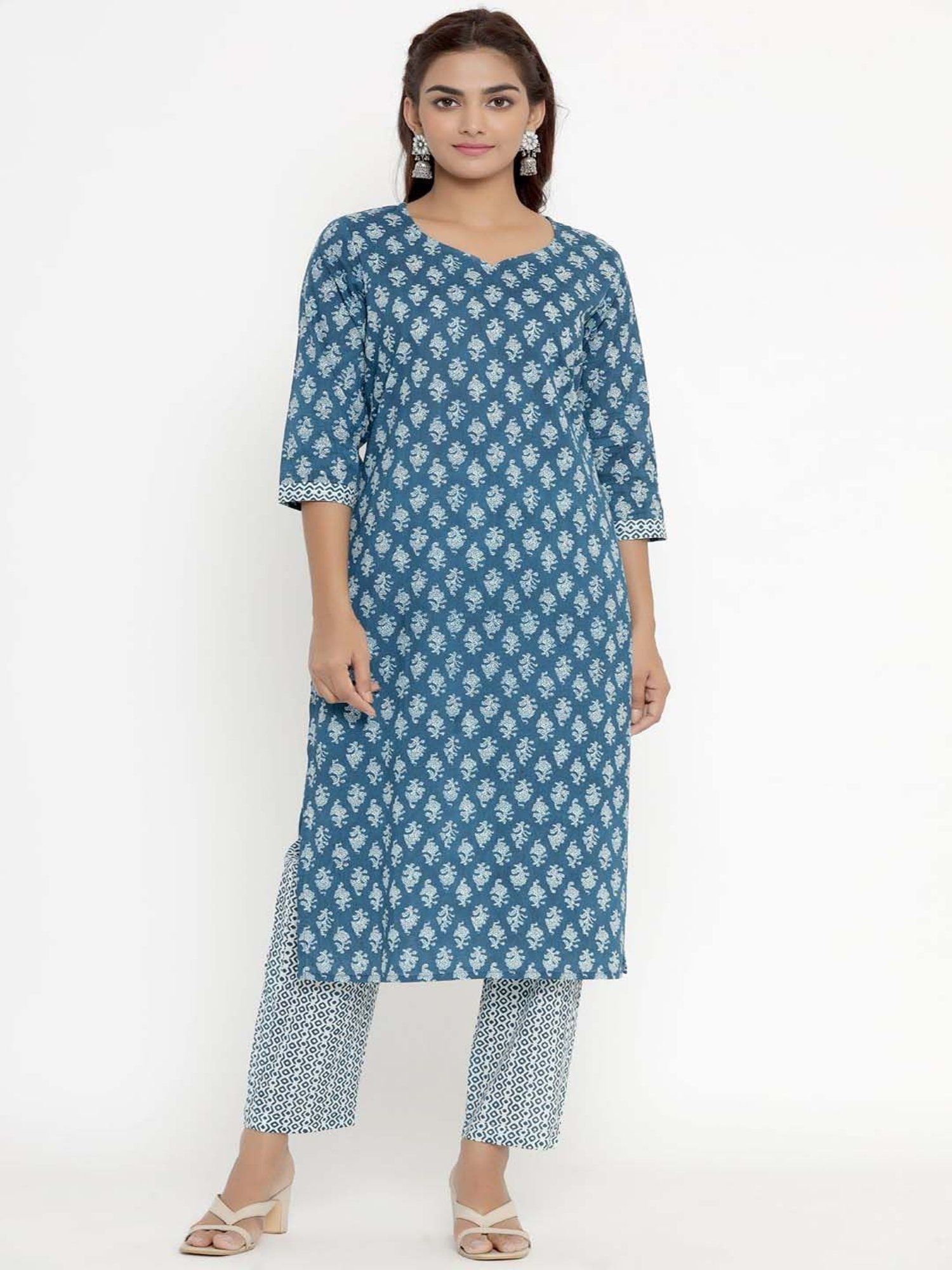 Miravan Blue Cotton Printed Kurta Pant Set