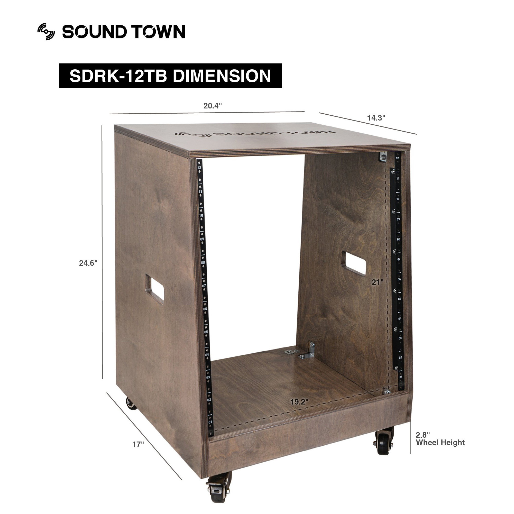 Sound Town DIY Slanted 12U Studio Rack, Plywood, Weathered Gray, Rubber Feet, Casters (SDRK-12TB)