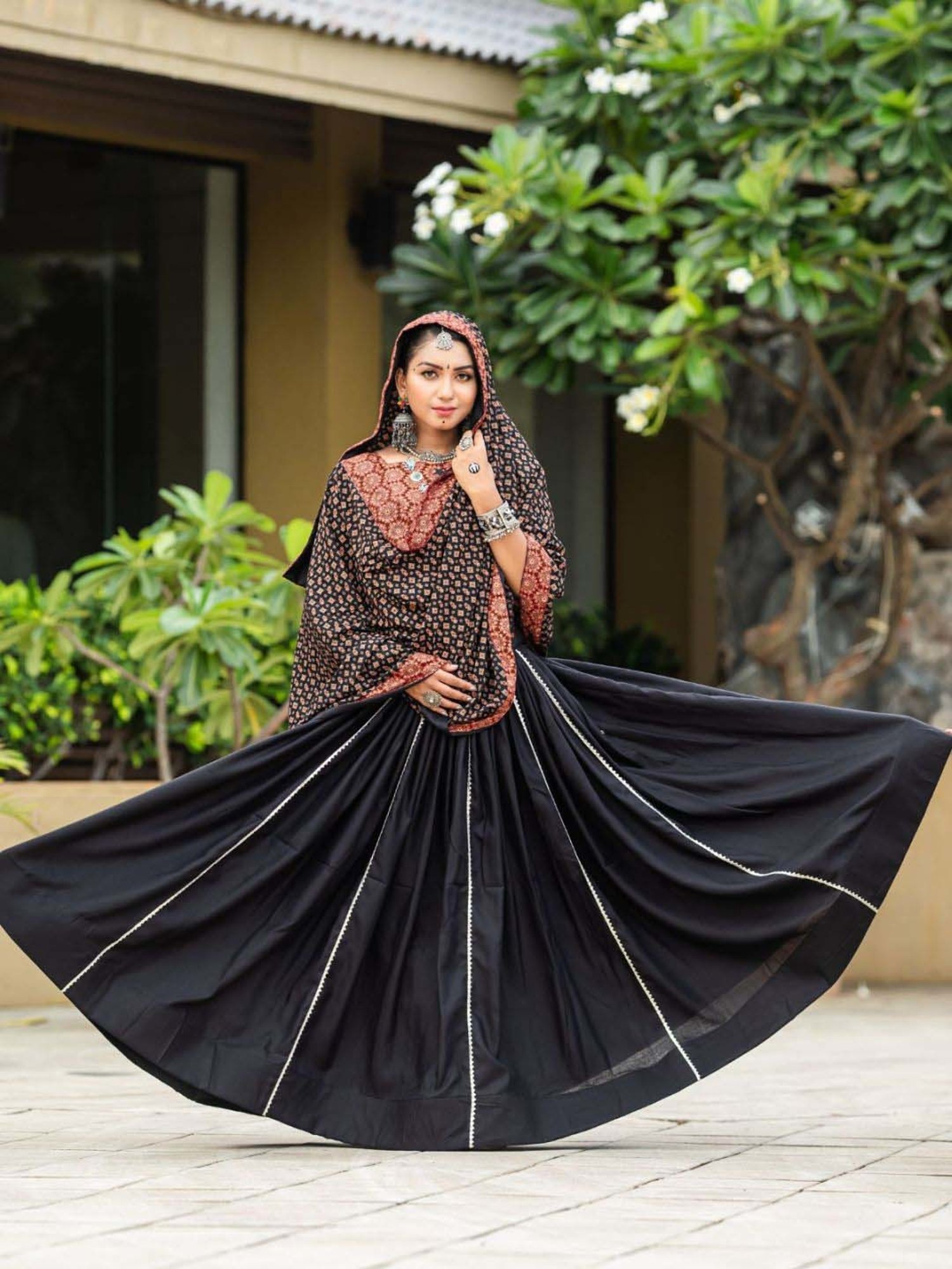 Odette Black Cotton Lehenga Choli Set With Dupatta