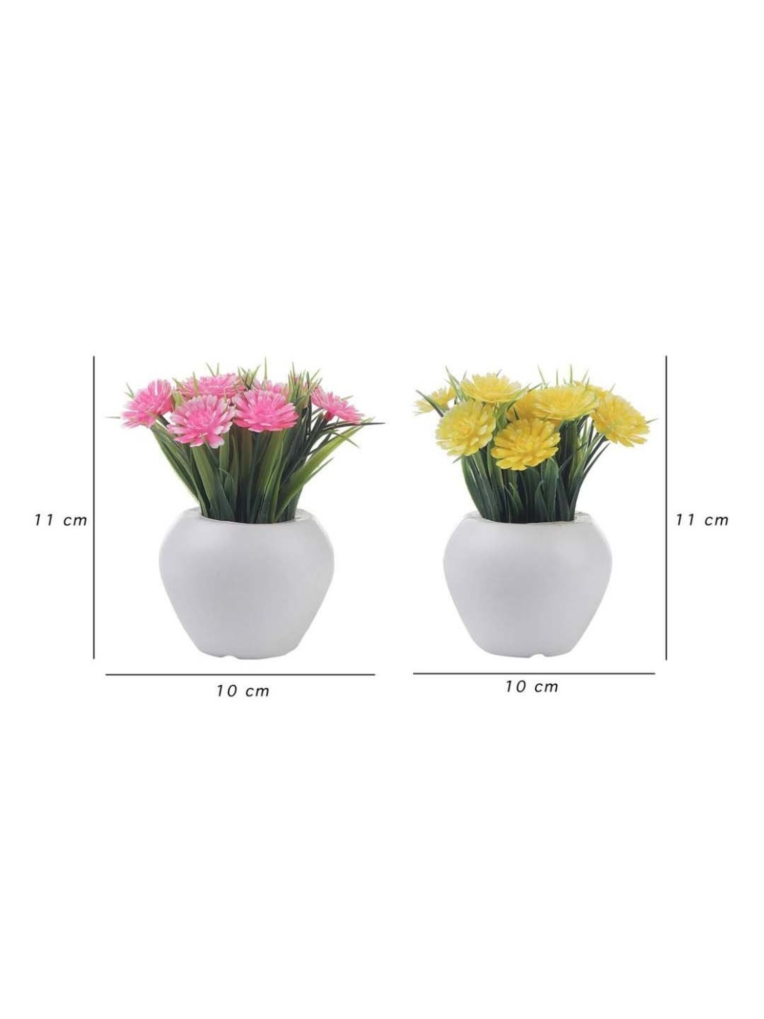 Foliyaj Yellow & Pink Plastic Artificial Mini Gerbera Plant With Thin Long Leaves - Set of 2