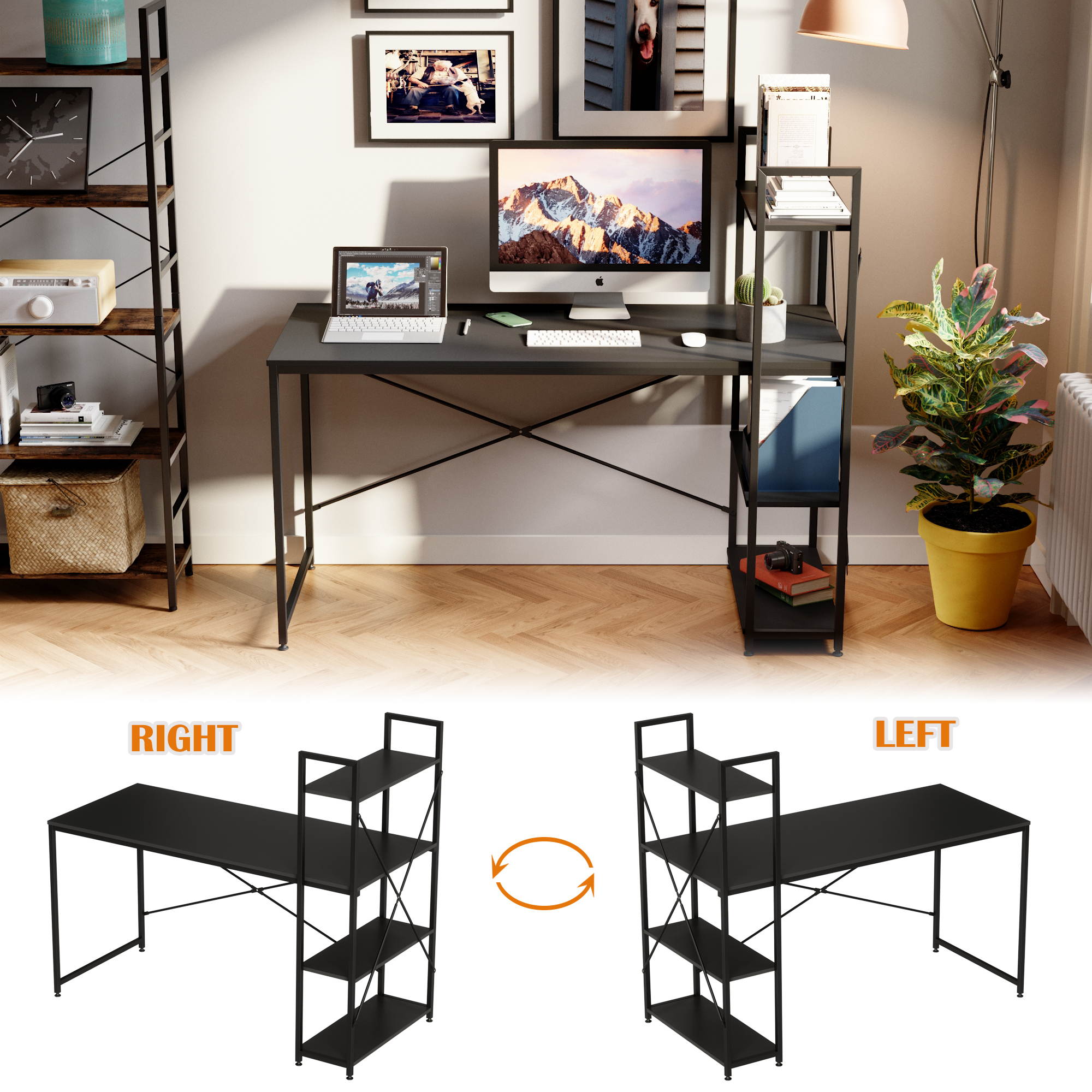 Bestier 63 Inch Computer Desk with Storage Shelves, Modern Bookshelf Desk with Headphone Hook Large Workstation Writing Desk with Reversible Bookshelves Home Office Work Table Study Desk Grey