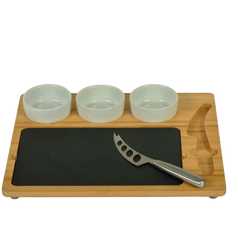 Picnic at Ascot Bamboo Cheese Board with 3 Ceramic Bowls, Bamboo Spoons, Stainless Steel Cheese Tools & Cheese Markers