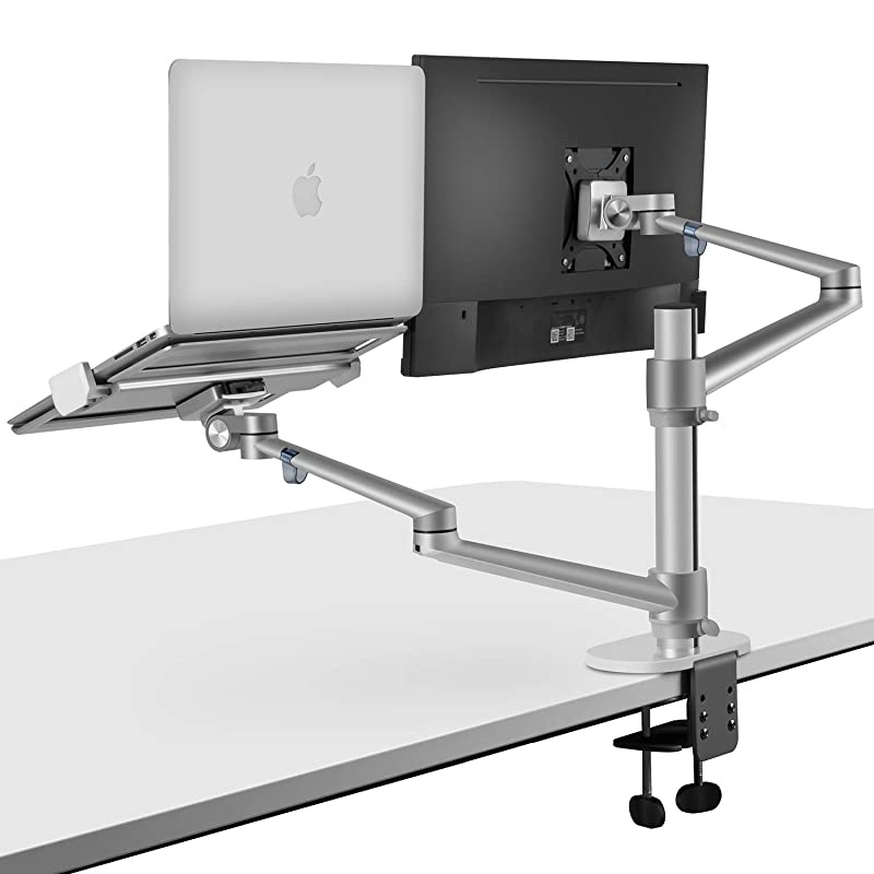 Monitor and Laptop Mount 2in1 Adjustable Dual Arm Desk MountsSingle Desk Arm StandHolder for 17 to 32 Inch LCD Computer Screens Extra Tray Fits 12 to 17 inch Laptops Silver