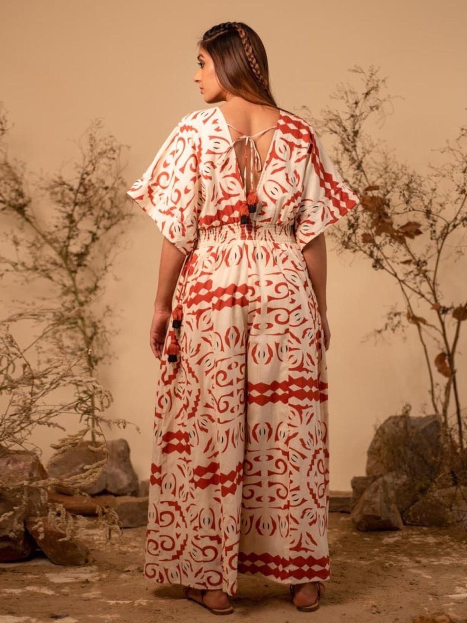 LABEL REYYA Beige & Rust Tribal Jumpsuit