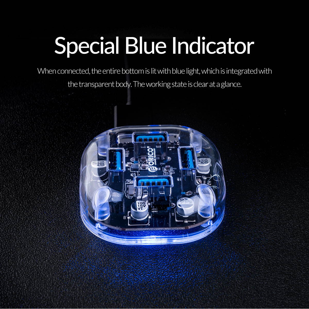 4 Port USB3.0 HUB, ORICO Transparent HUB 4 Port USB3.0 Super Speed with Reserced Micro USB3.0 External 5V Power Supply Support OTG Function 100cm USB Cable Optimised  for PC Windows Linux Mac OS