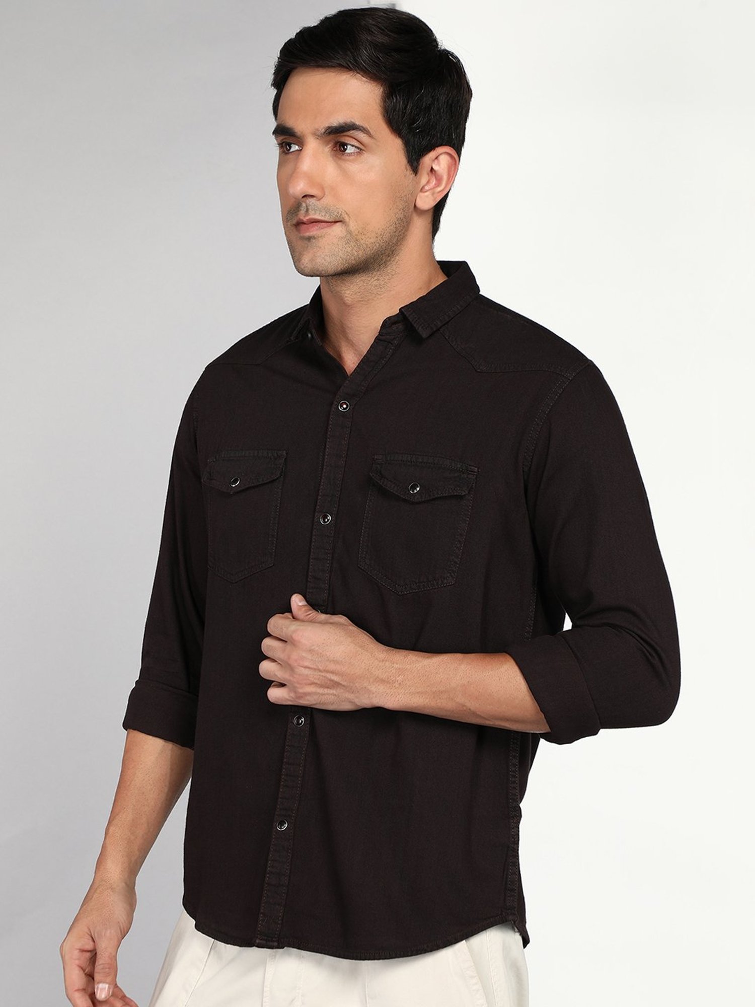 Kuons Avenue Dark Brown Slim Fit Denim Shirt