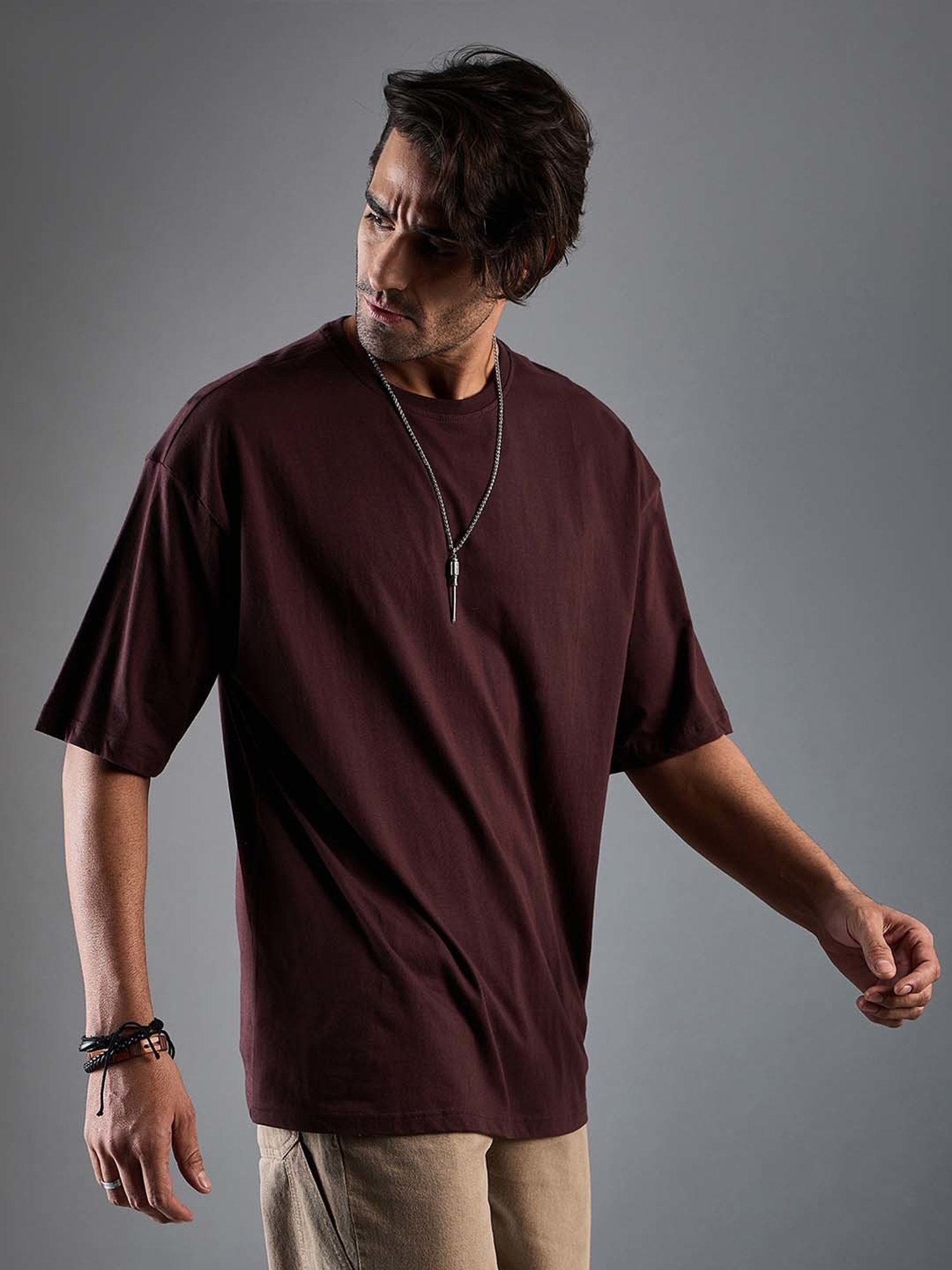 CHIMPAAANZEE Coffee Brown Loose Fit Oversized Crew T-Shirt
