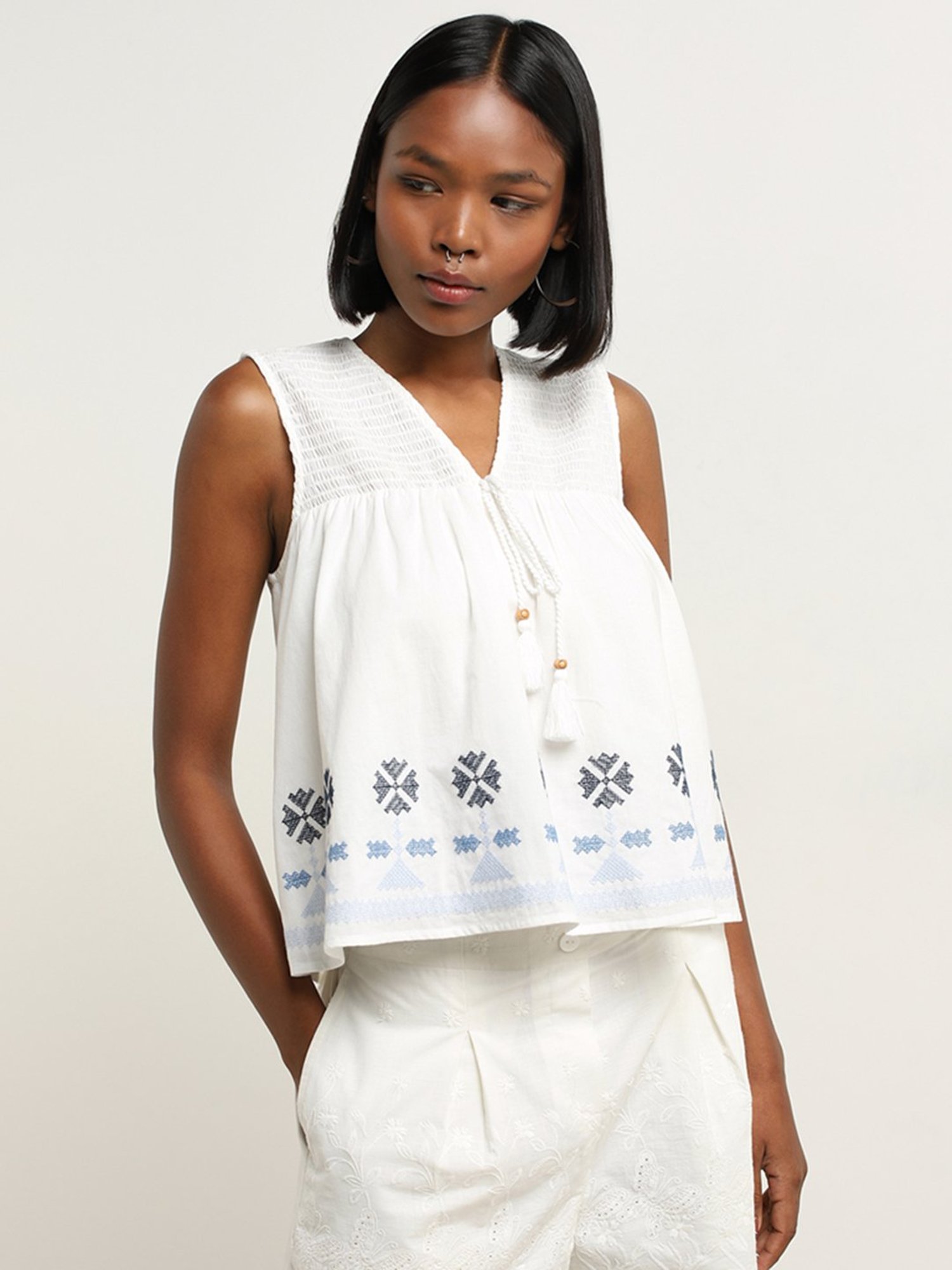 Bombay Paisley by Westside Ivory Embroidered Cotton Top