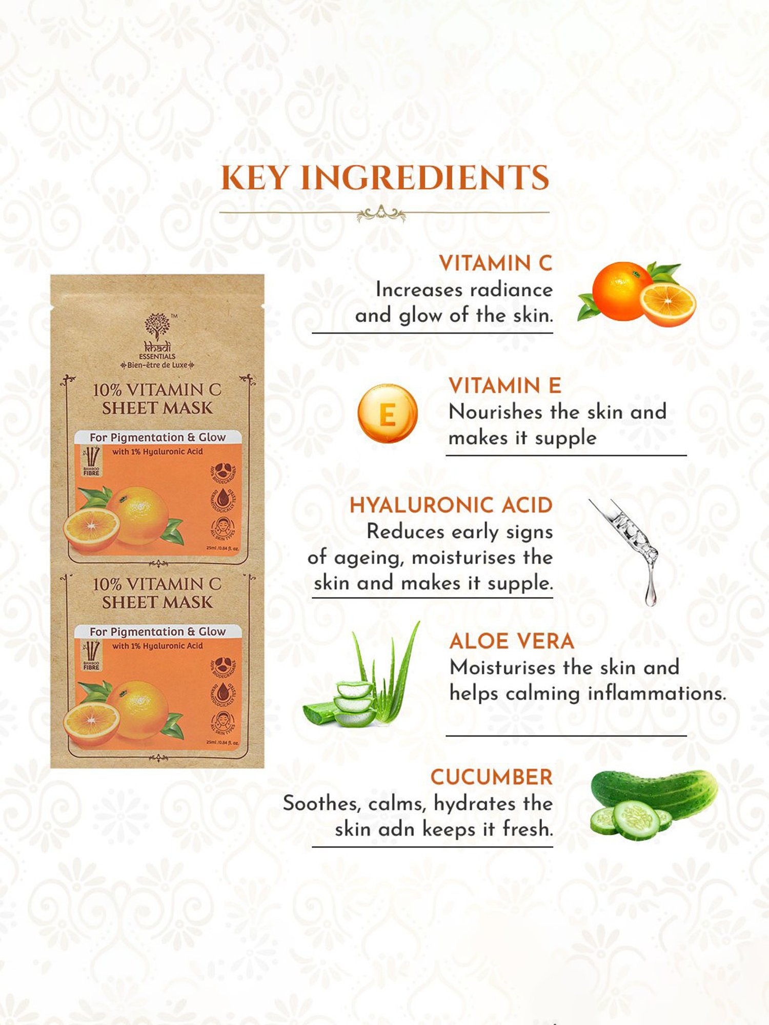 Khadi Essentials 10% Vitamin C Serum Sheet Mask with 1% HA for Pigmentation & Glow - Pack of 3