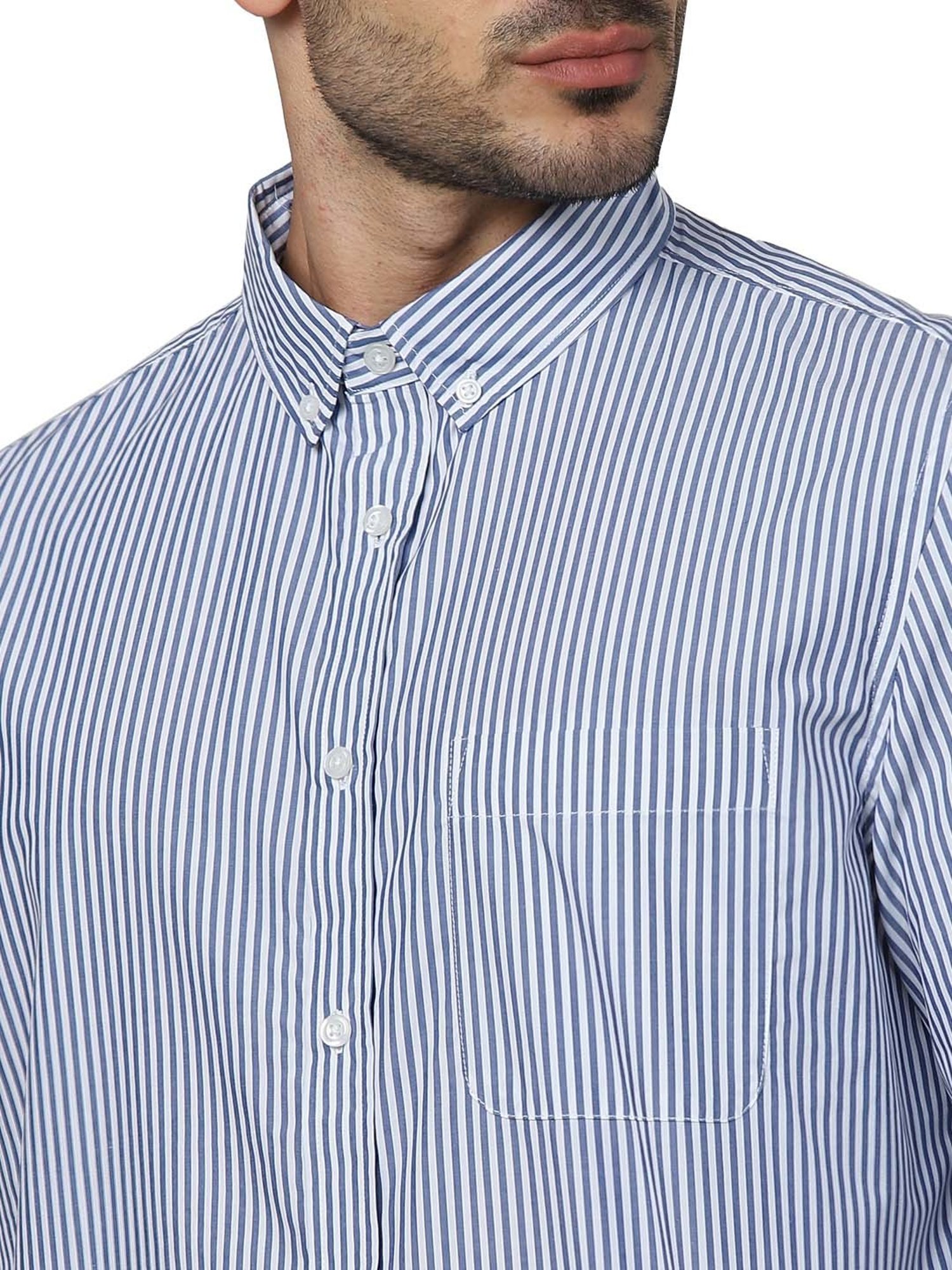 celio* Blue Regular Fit Striped Cotton Shirt