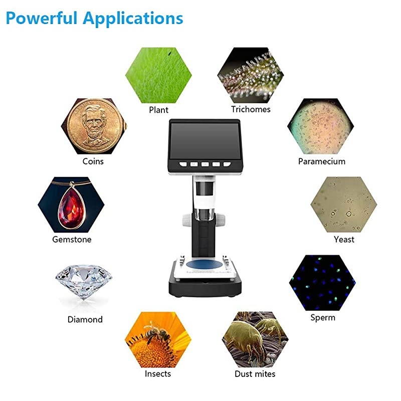 LCD Digital Microscope,  4.3 Inch 50X-1000X Magnification 1080P Compound Handheld Microscopes Camera with Rechargeable Battery Mini Hdmi Port 8 LED Lights 8G SD Card and Slides