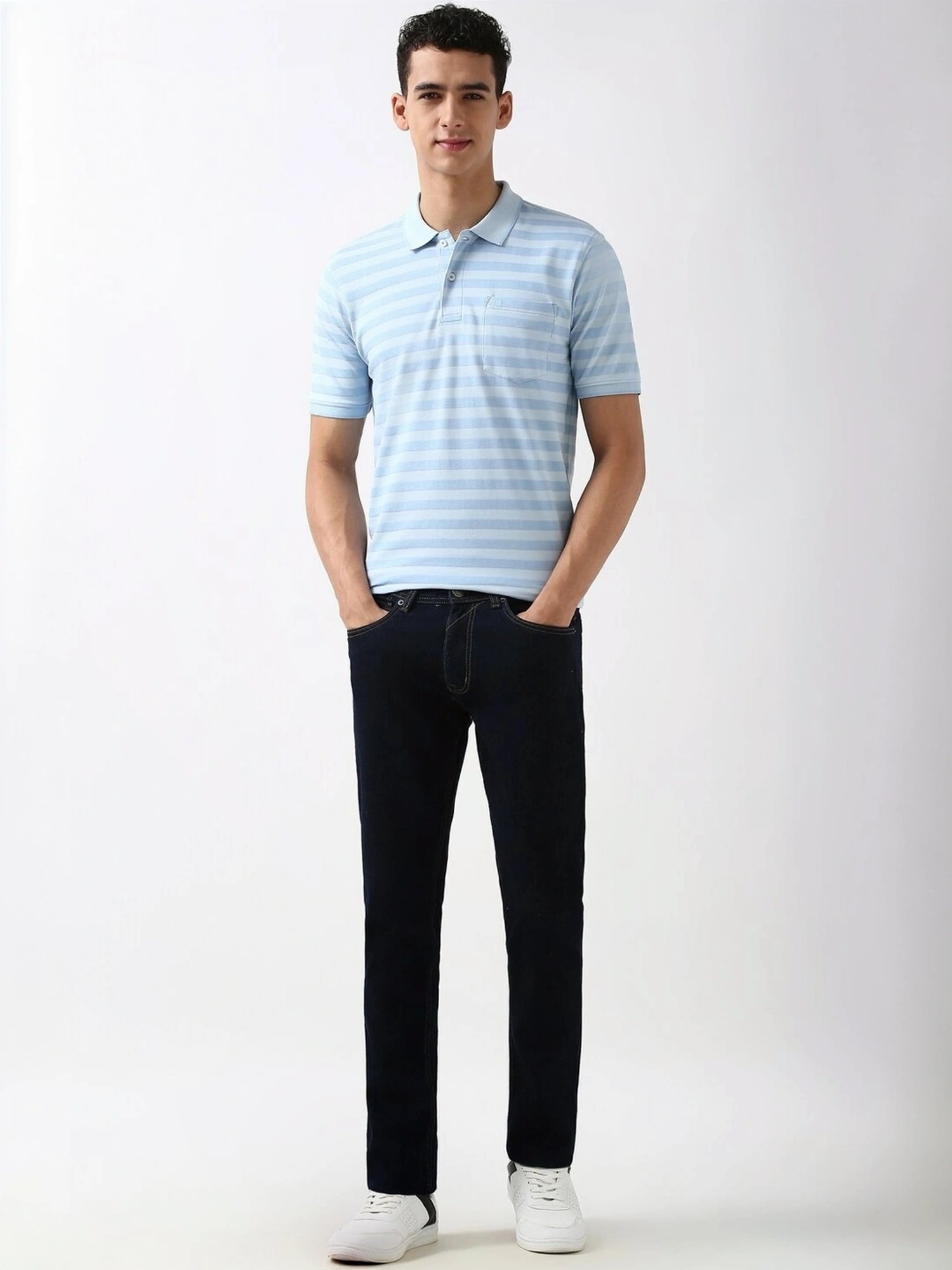 Peter England Blue Regular Fit Striped Polo T-Shirt