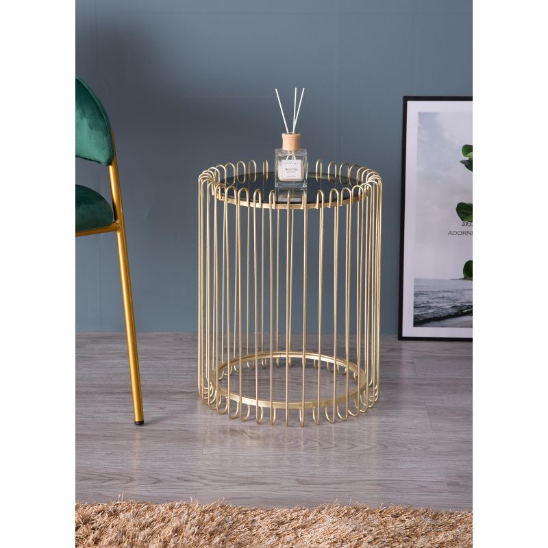 Bold Tones Set of 2 Modern Round Gold Metal End Table Set with Smoked Glass Top