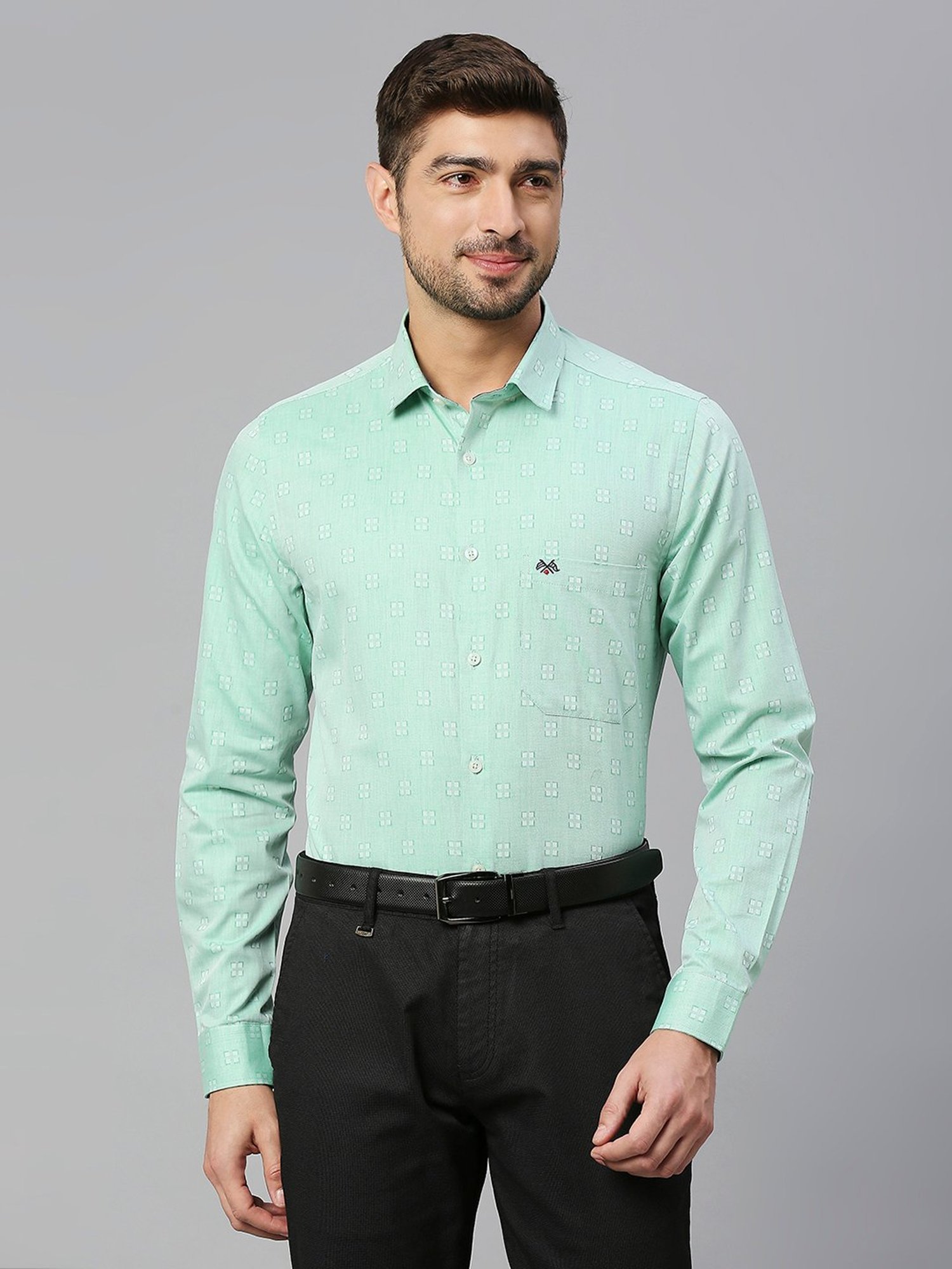 Thomas Scott Light Green Slim Fit Self Design Cotton Shirt