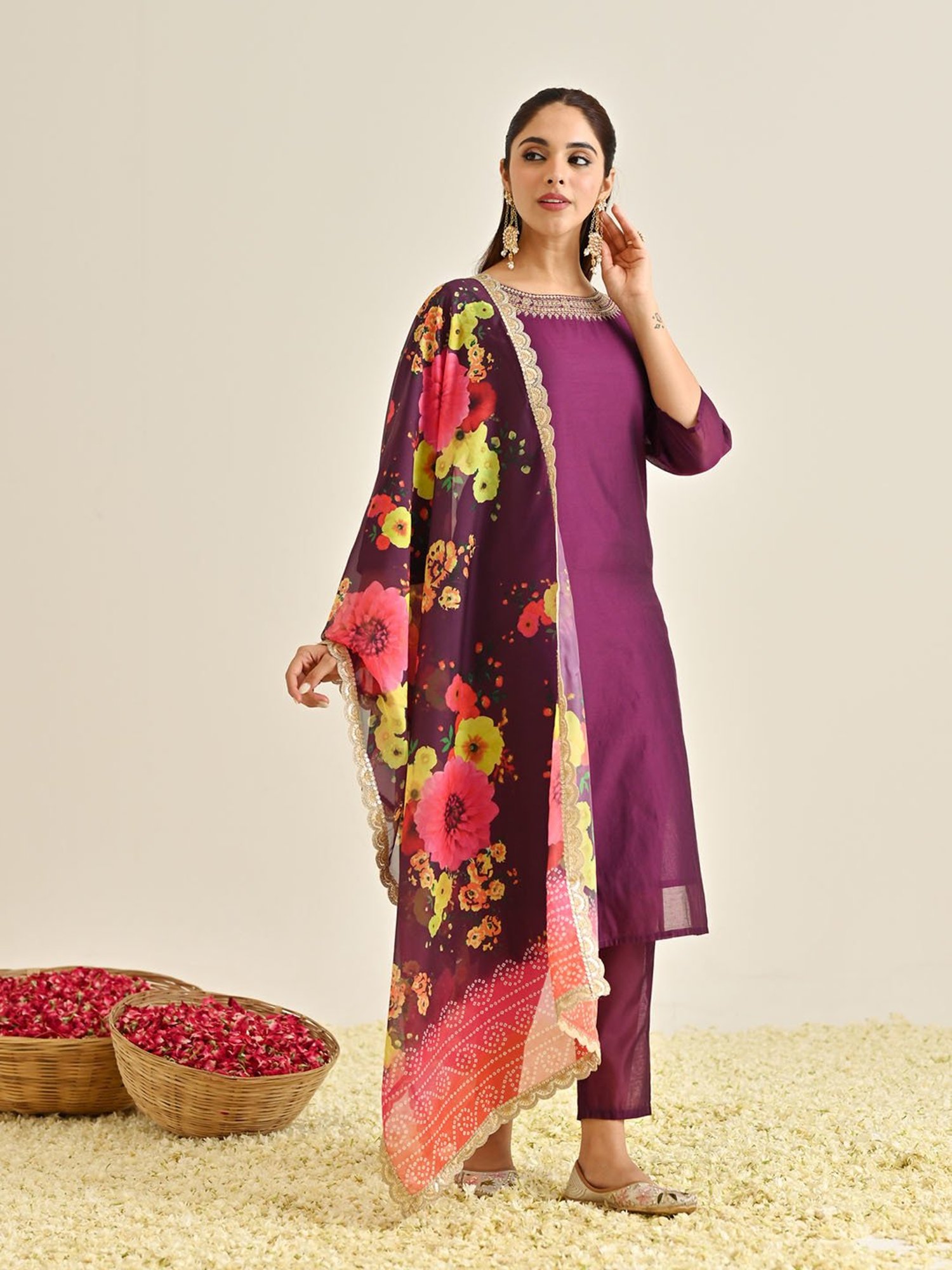 Rustorange Purple Embroidered Kurta With Pant & Dupatta