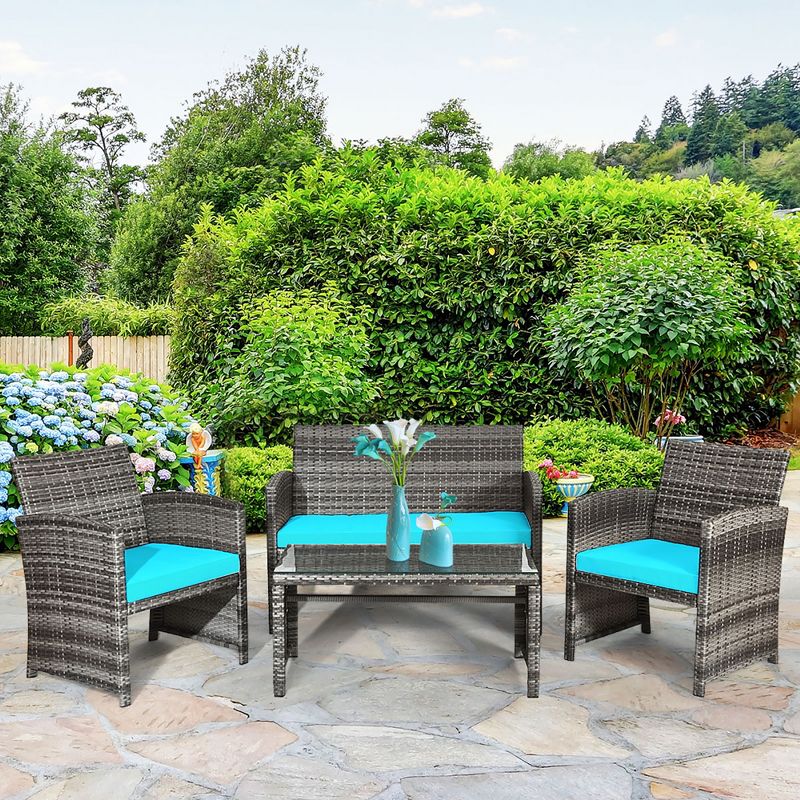 Costway 4PCS Patio Rattan Furniture Set Conversation Glass Table Top Cushioned Turquoise