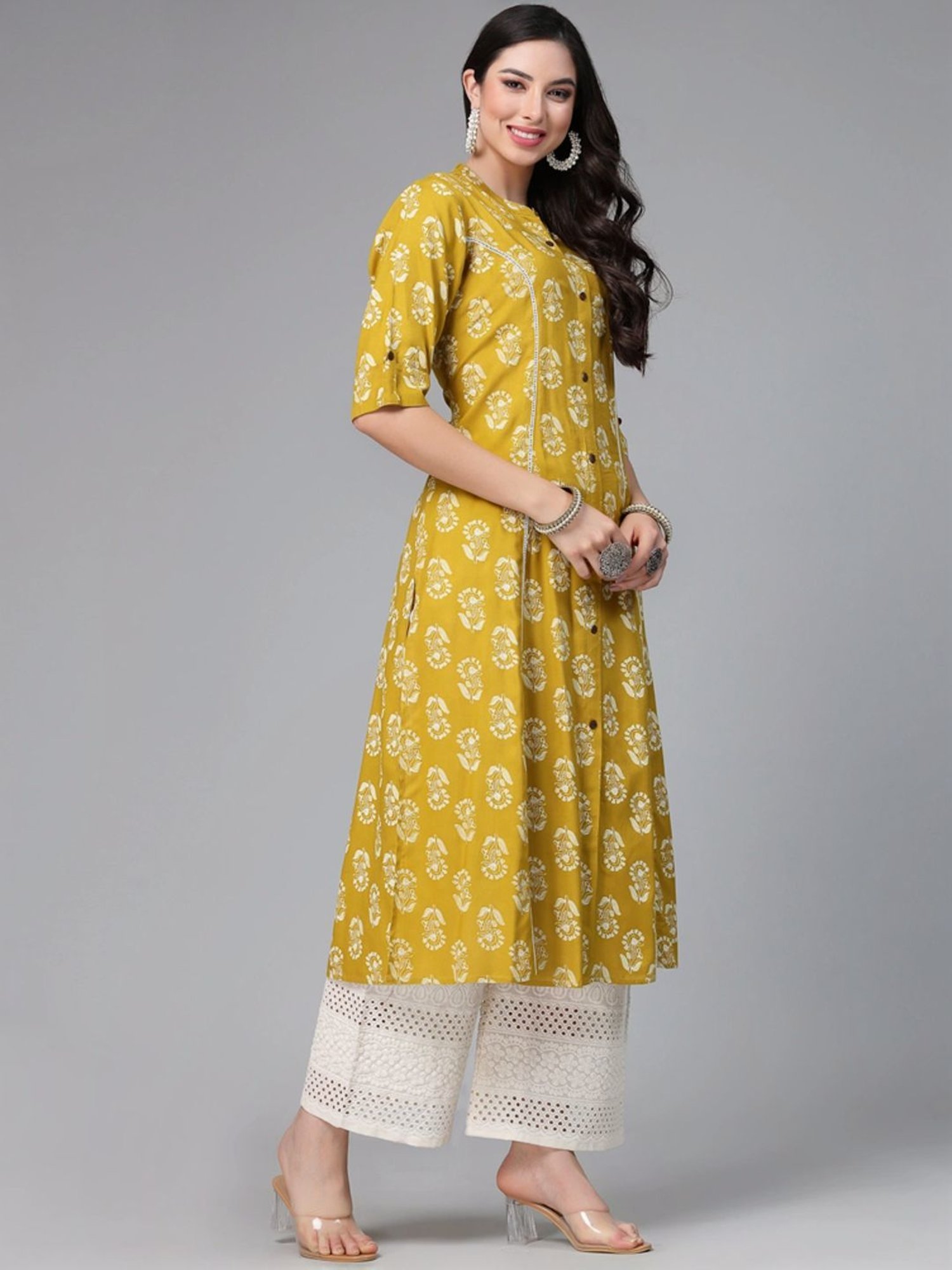 Stylum Lime Green Floral Print A-Line Kurta