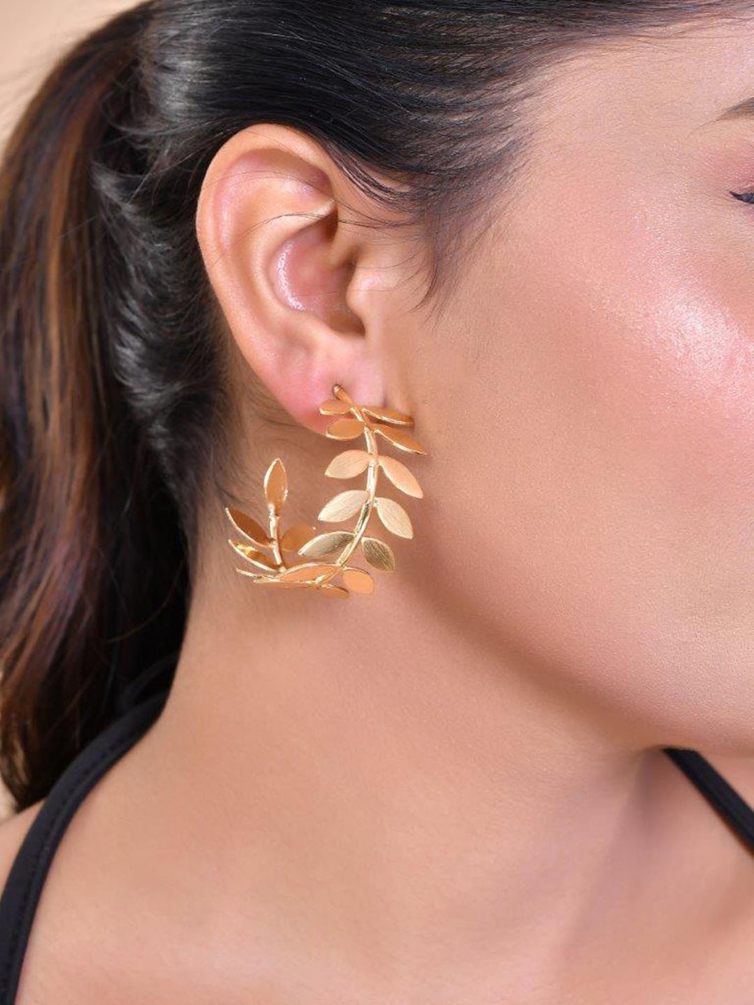 VOJ 1 Gram Gold Plated Leaf Shaped Hoop Earrings for Women