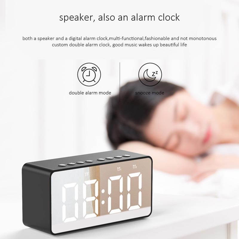 Wireless bluetooth speaker, bluetooth 5.0 speaker with mirrored LED alarm clock and built-in microphone voice, for Android and IOS smart phones,Black
