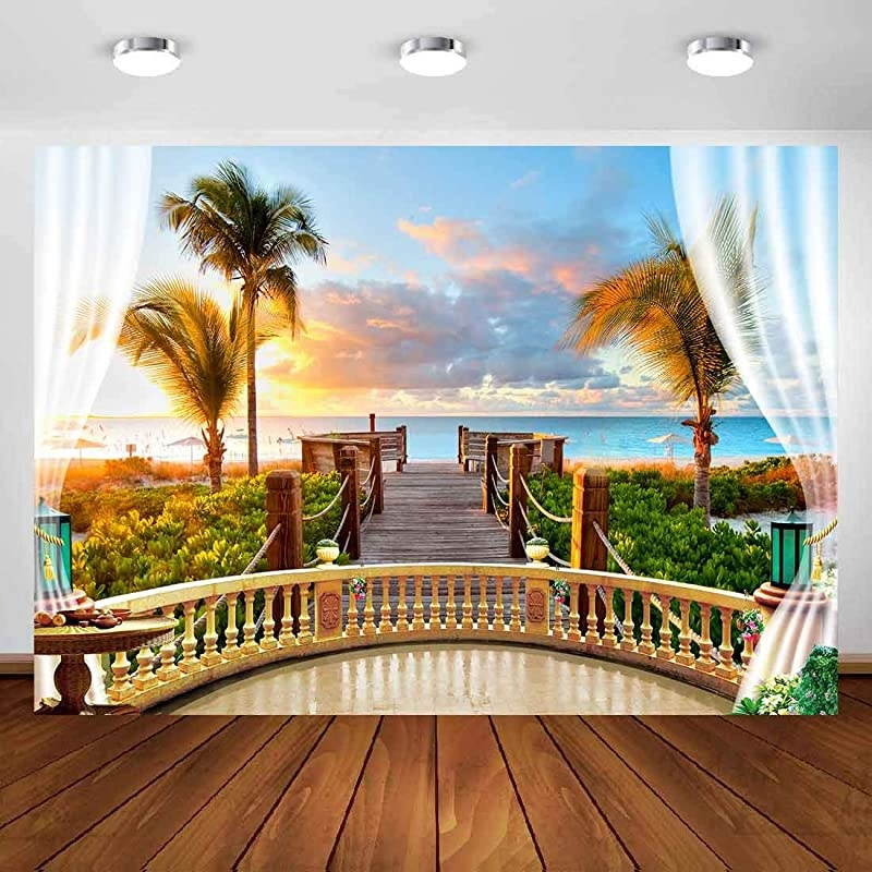Seaside Scenery Backdrop Wooden Bridge Railing Plant Sunset Sea Background Wedding Photography Ocean Theme Party Studio Props Background 10x7ft HUIMT072