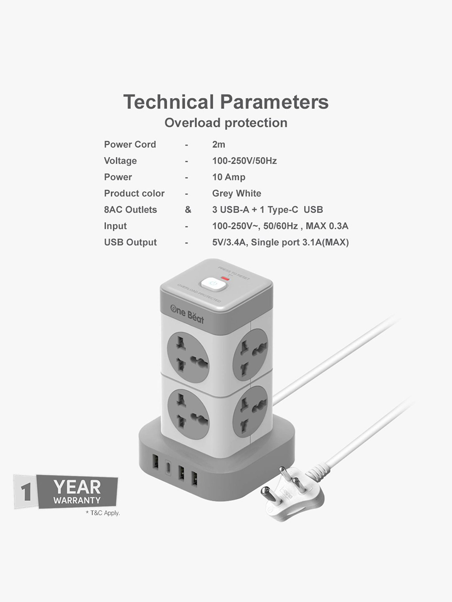 One Beat Tower 3 USB Port +1 Type-C Port with LED Indicator 8 Socket Extension Boards (White & Grey)