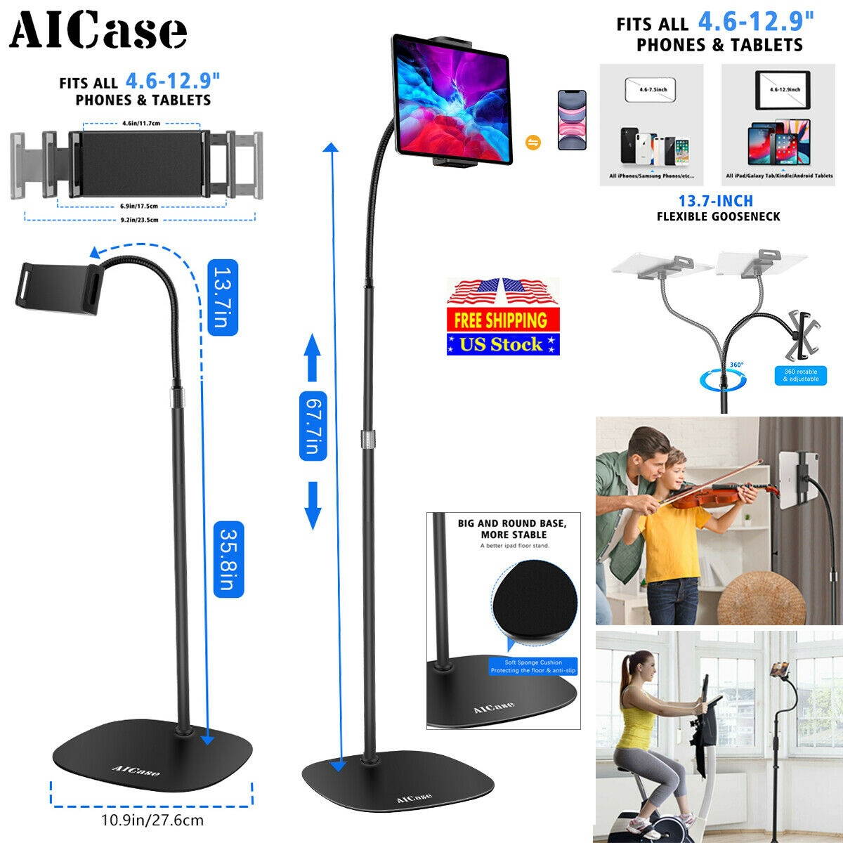 Height Adjust Gooseneck Floor Stand Tablet iPad Kindle Cell Phone Mount Holder