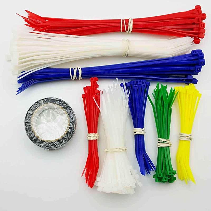 ZipIts Cable Ties Assortment 300 Pieces 4 Inch 8 Inch Zip Ties Assorted Colors Plus 1 Roll of Black Electrical Tape UL Listed Contractor Quality Industrial Strength