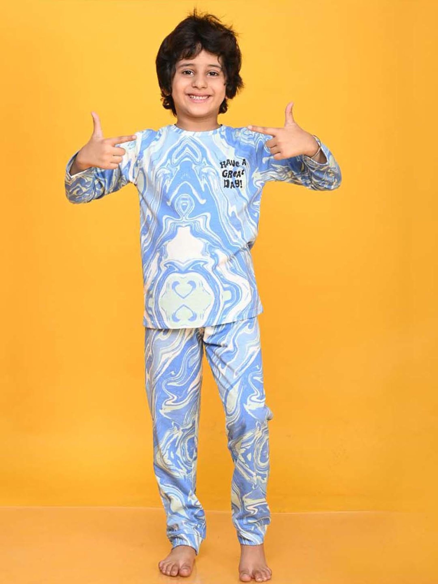 Anthrilo Kids Blue Cotton Printed Full Sleeves T-Shirt & Trouser