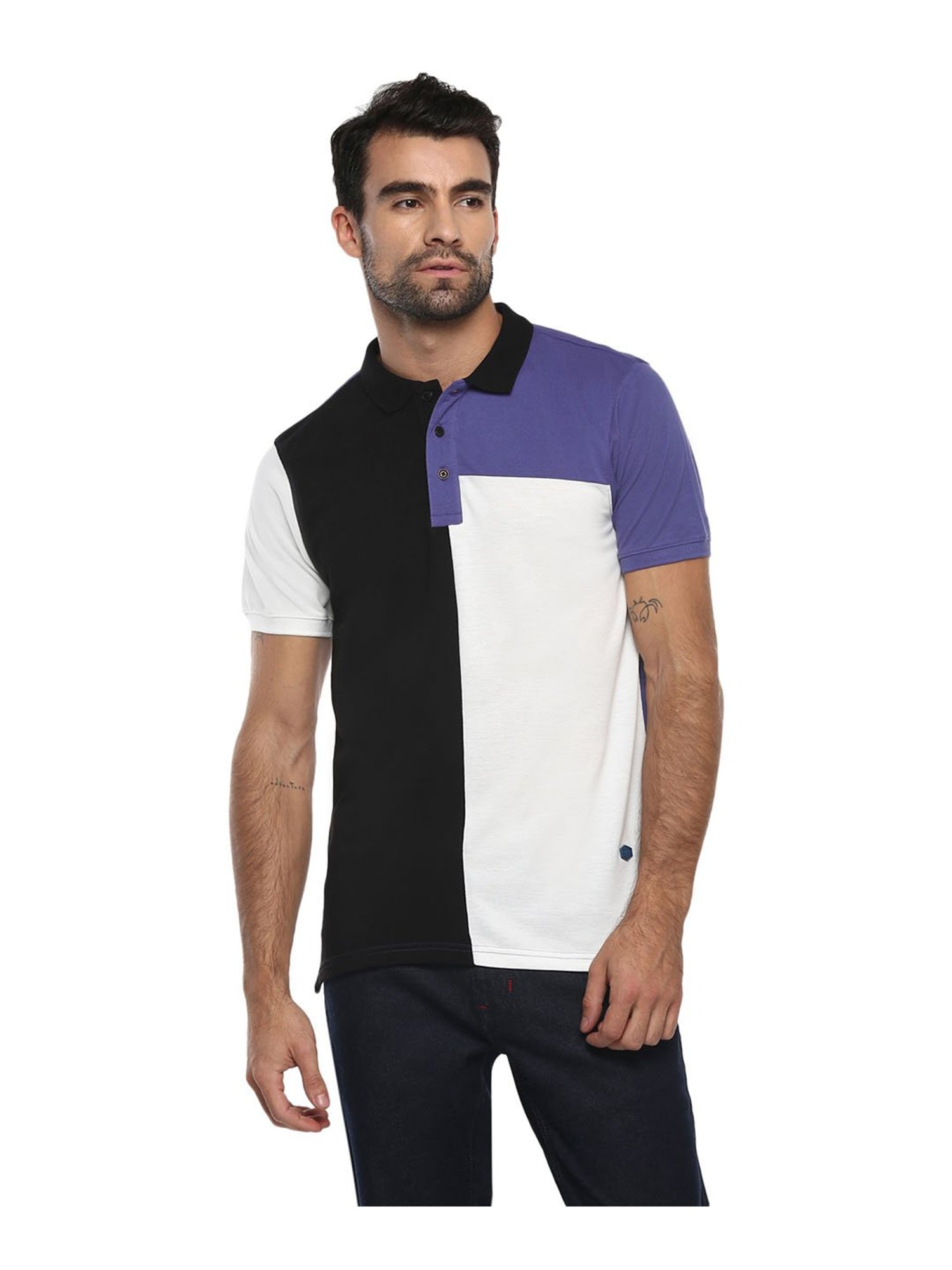 Red Chief Black & White Colour-Block Polo T-Shirt