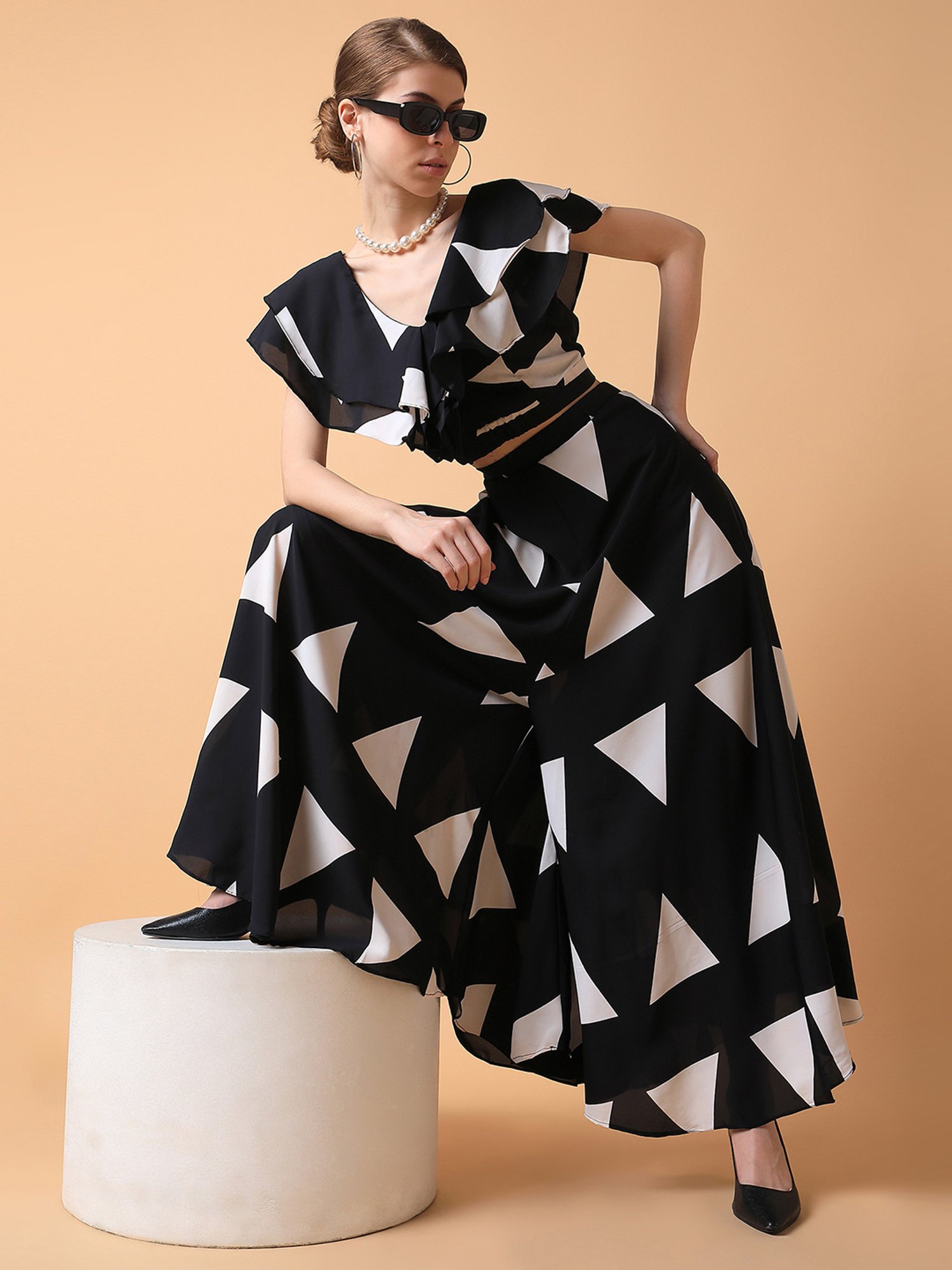 SHOWOFF Black & White Printed Crop Top With Palazzos