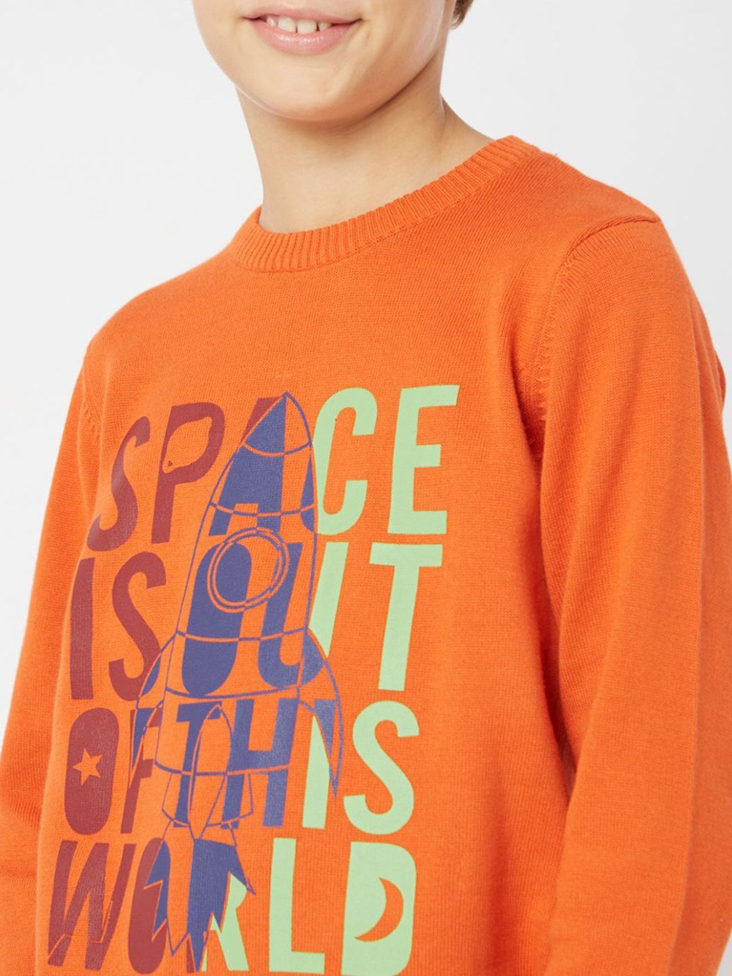 GAS Kids Orange Cotton Printed Full Sleeves Sweater