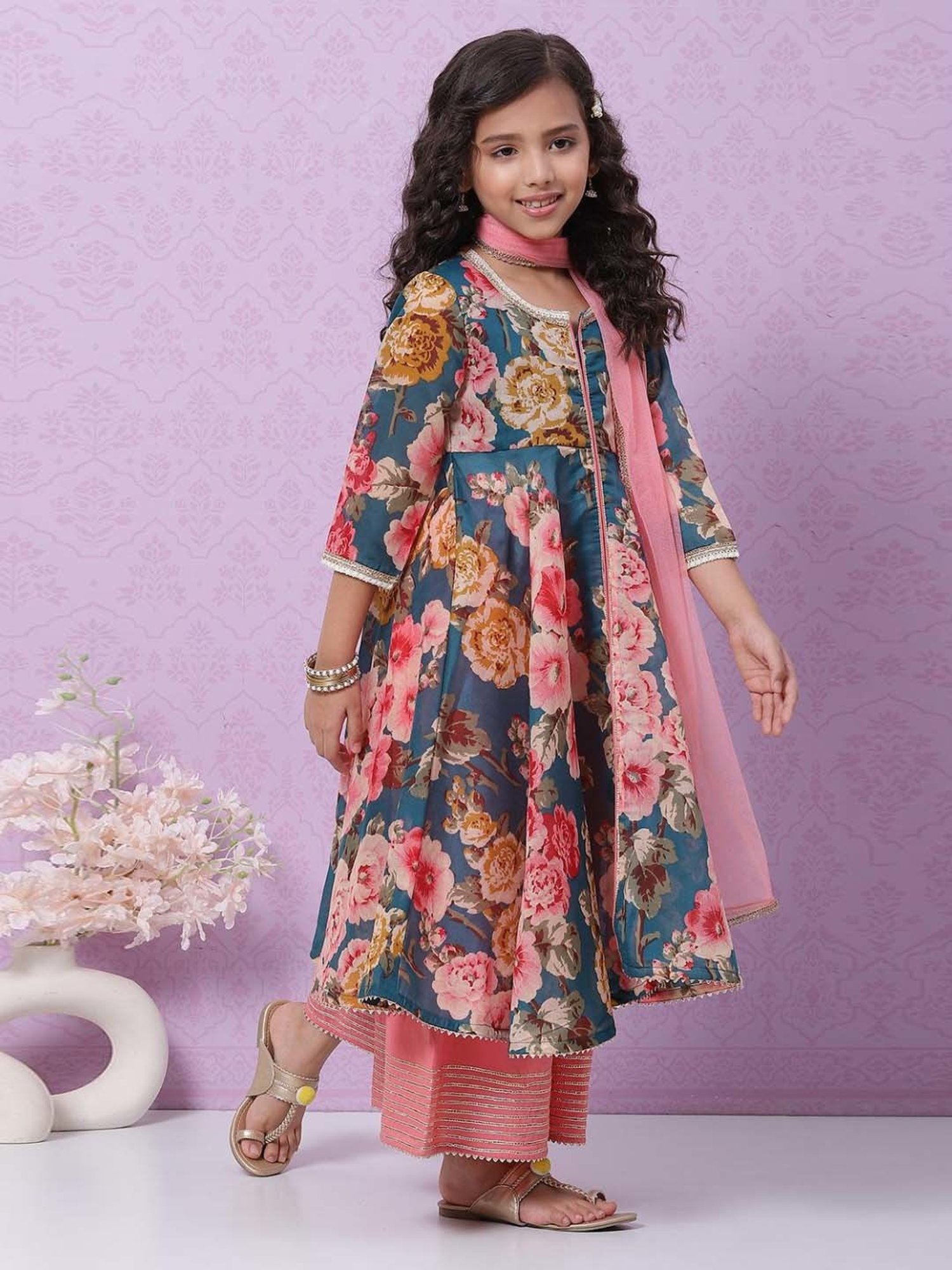 Biba Kids Blue & Pink Cotton Printed Kurta Set