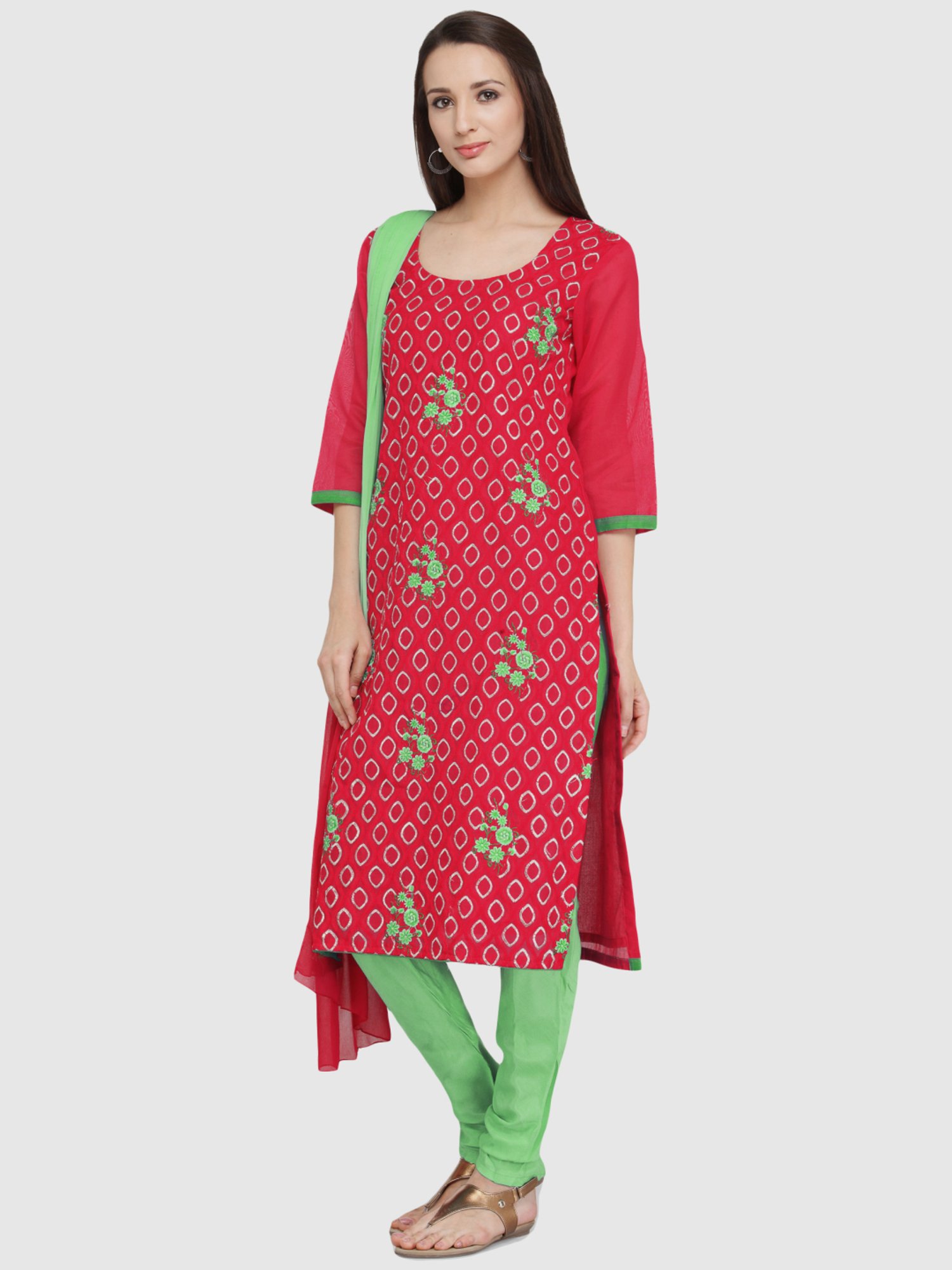 Chhabra 555 Red & Green Embroidered Unstitched Dress Material
